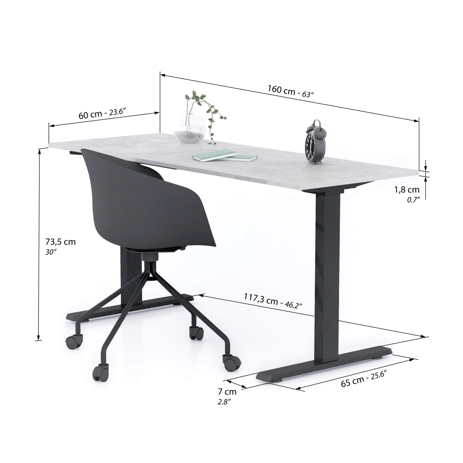 Bureau Clara 160x60 grijs beton met zwarte Poten - Immagine tecnica 1