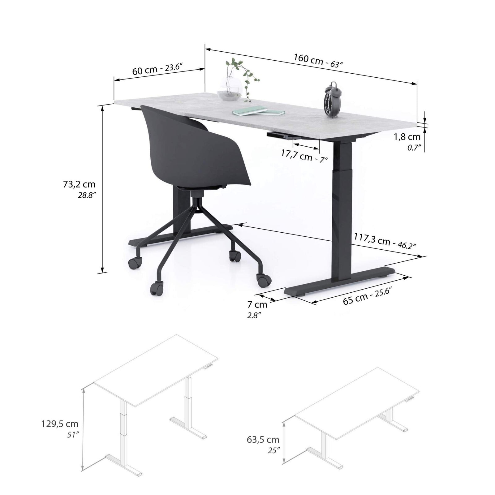Bureau assis/debout Clara 160x60 Gris Béton avec pieds noirs - Immagine tecnica 1