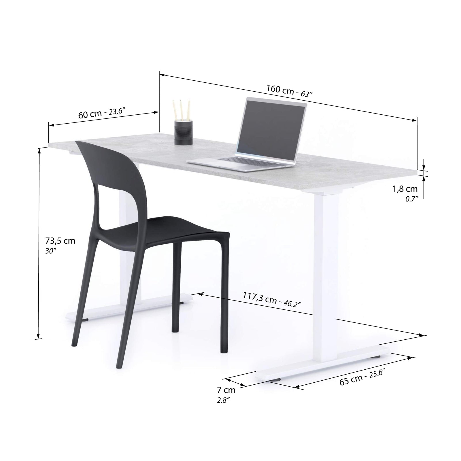 Scrivania Fissa Clara 160x60 Grigio Cemento con Gambe Bianche - Immagine tecnica 1