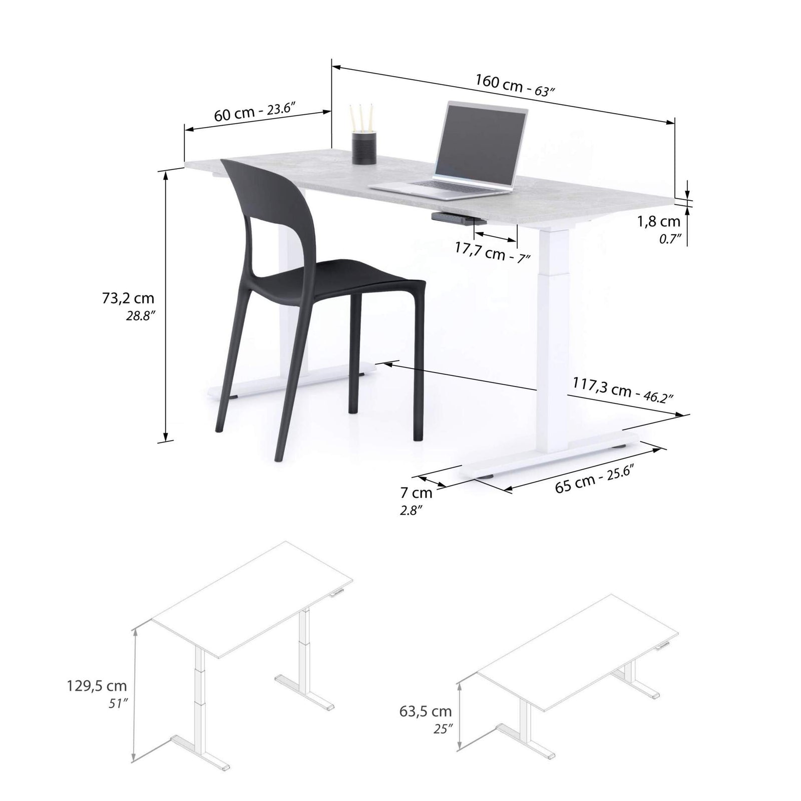 Bureau assis/debout Clara 160x60 Gris Béton avec pieds blancs - Immagine tecnica 1