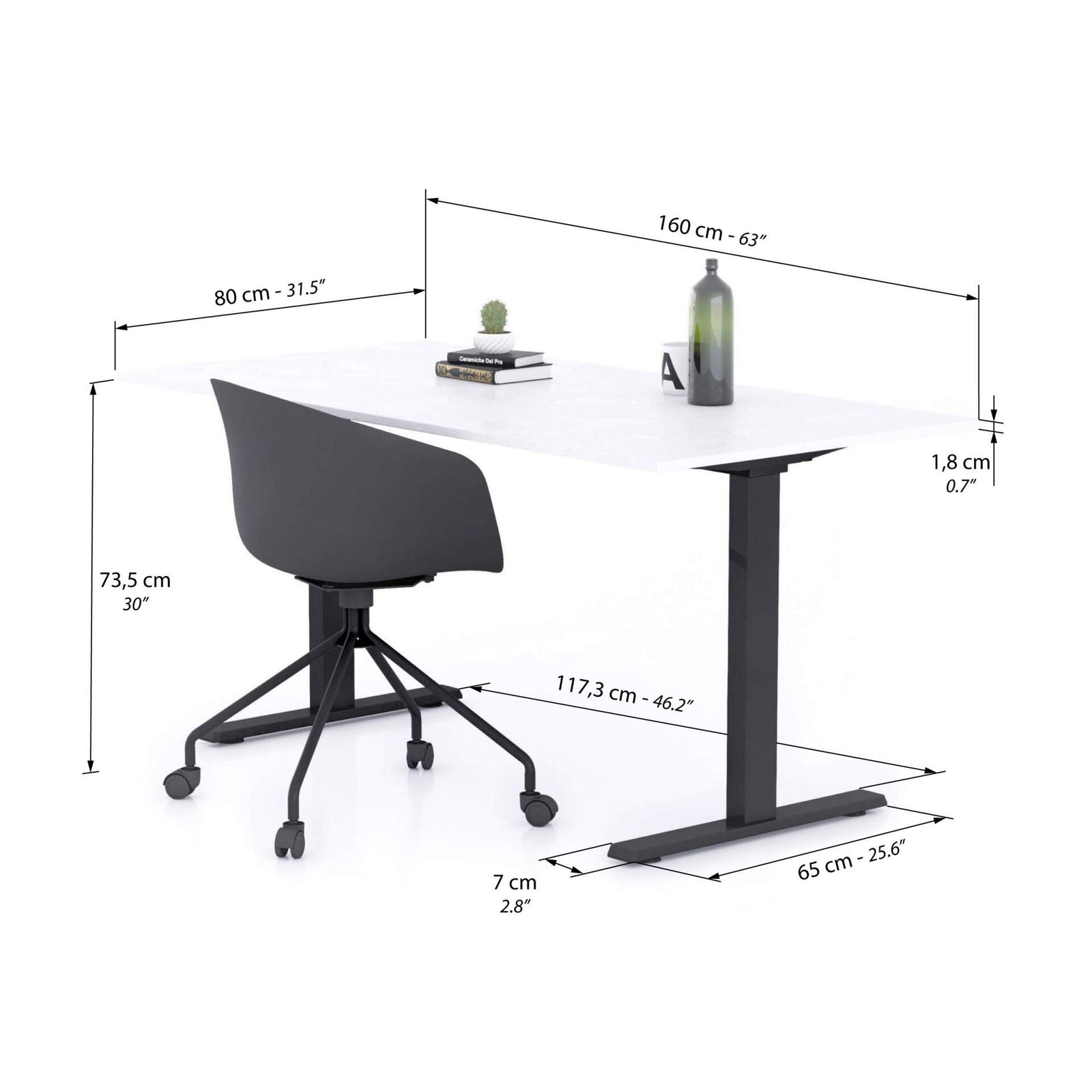 Bureau Clara 160x80, Blanc Béton, avec Pieds Fixes Noirs - Immagine tecnica 1