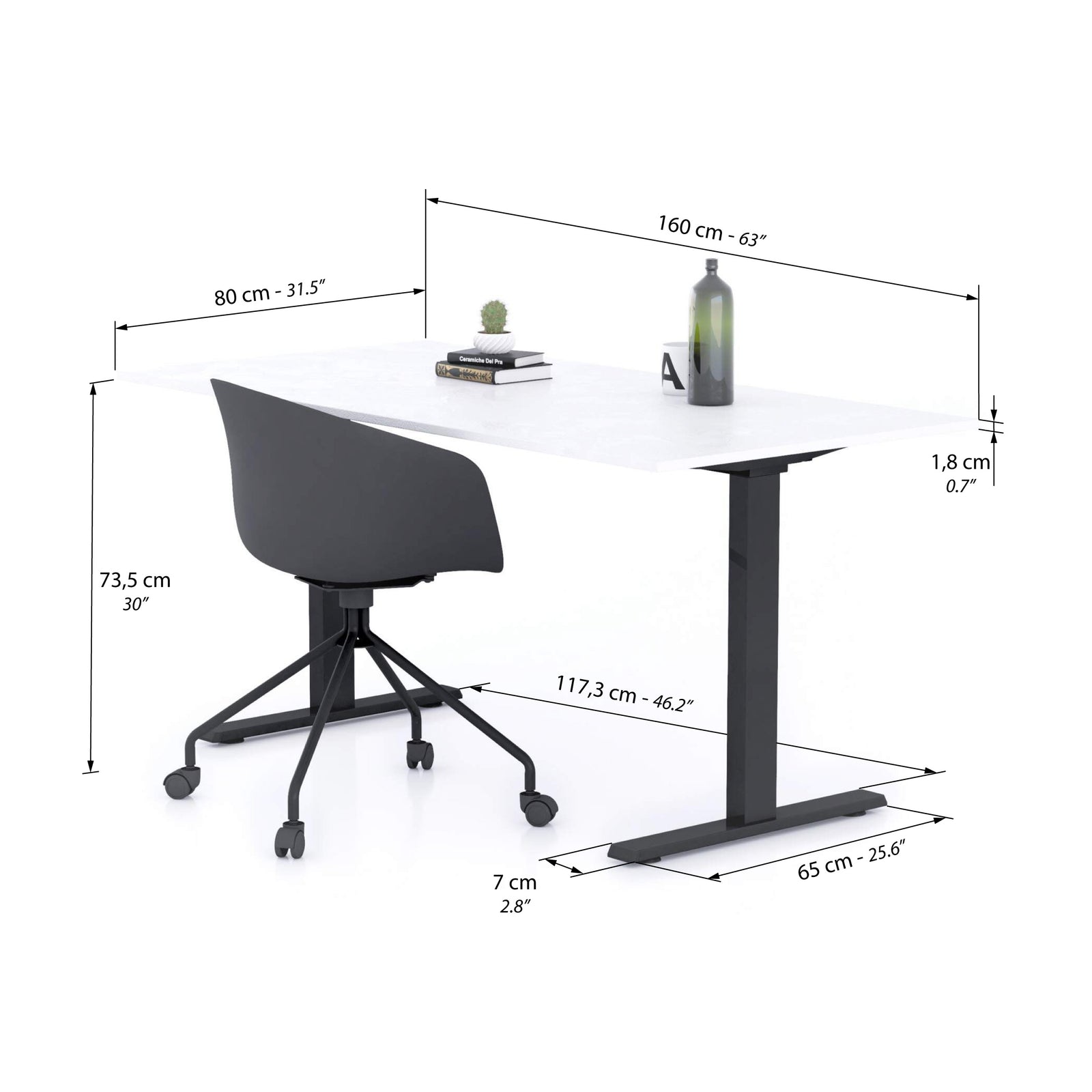 Clara Fixed Height Desk 160x80 Concrete Effect, White with Black Legs - Immagine tecnica 1