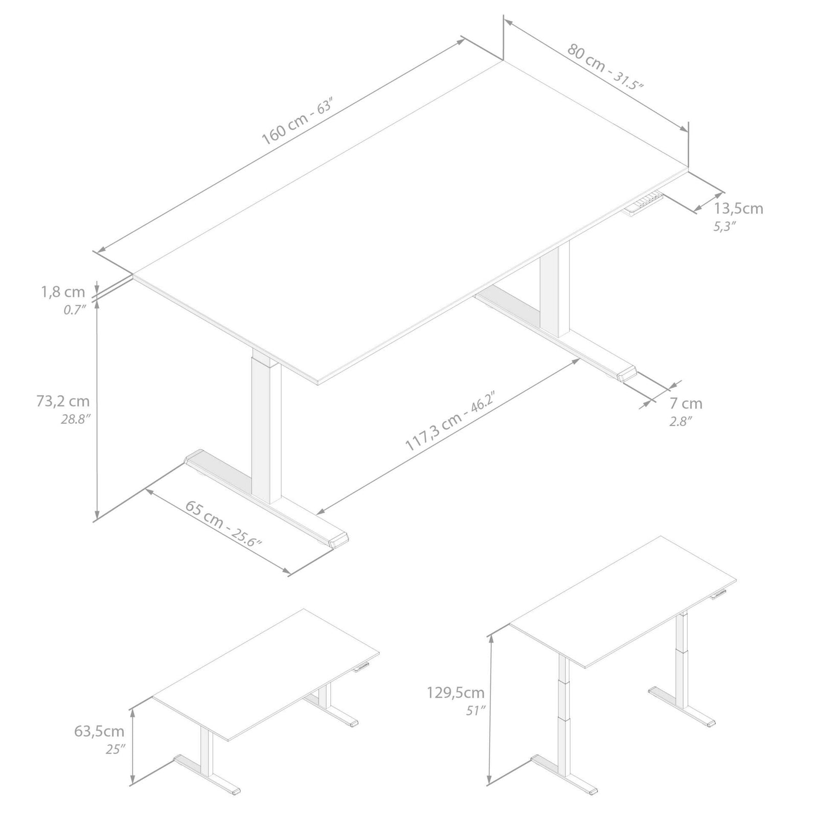 Scrivania Regolabile Clara 160x80 Bianco Cemento con Gambe Nere - Immagine tecnica 1