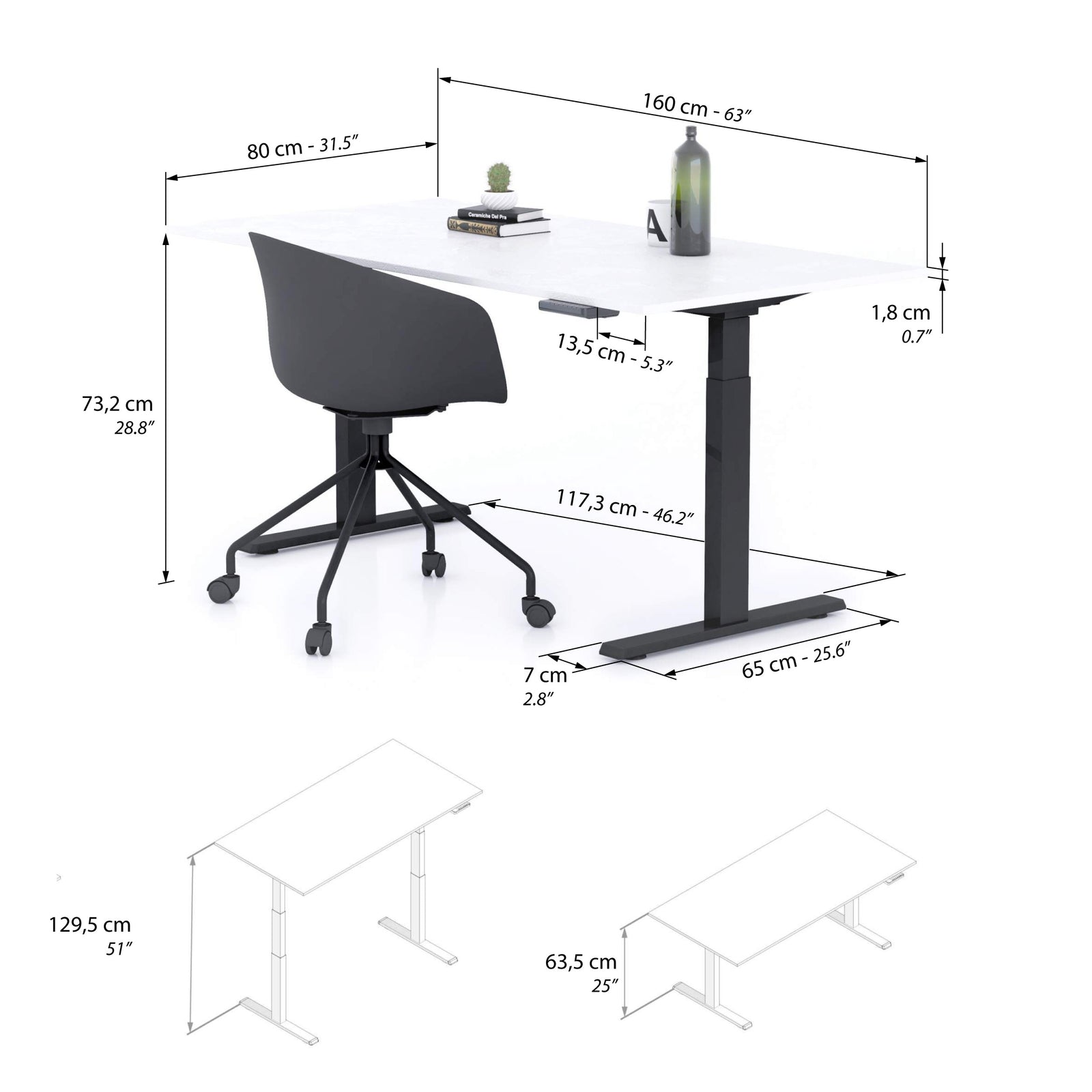 Clara Electric Standing Desk 160x80 Concrete Effect, White with Black Legs - Immagine tecnica 1