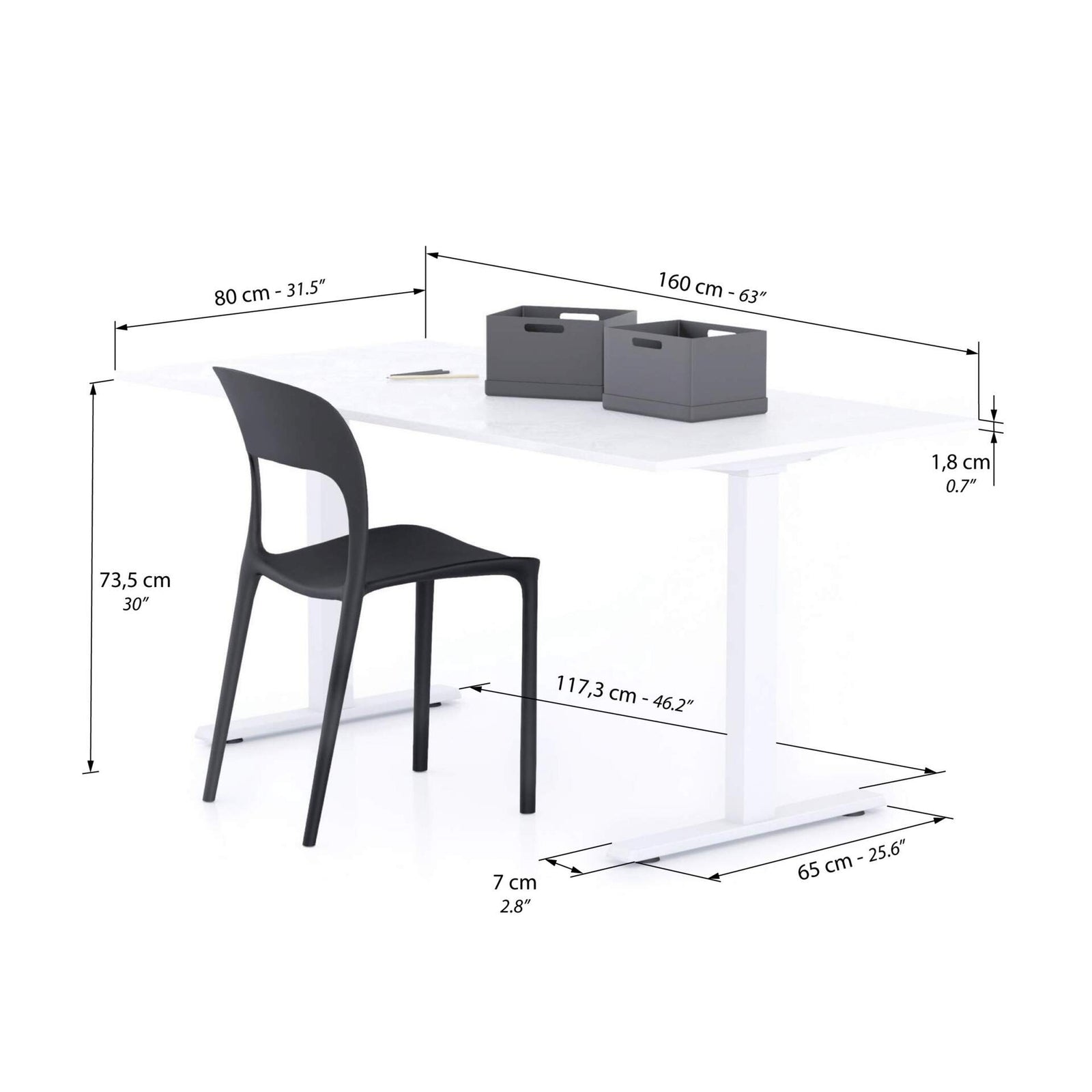 Secretária Clara 160x80 Cimento Branco com Pernas Brancas - Immagine tecnica 1