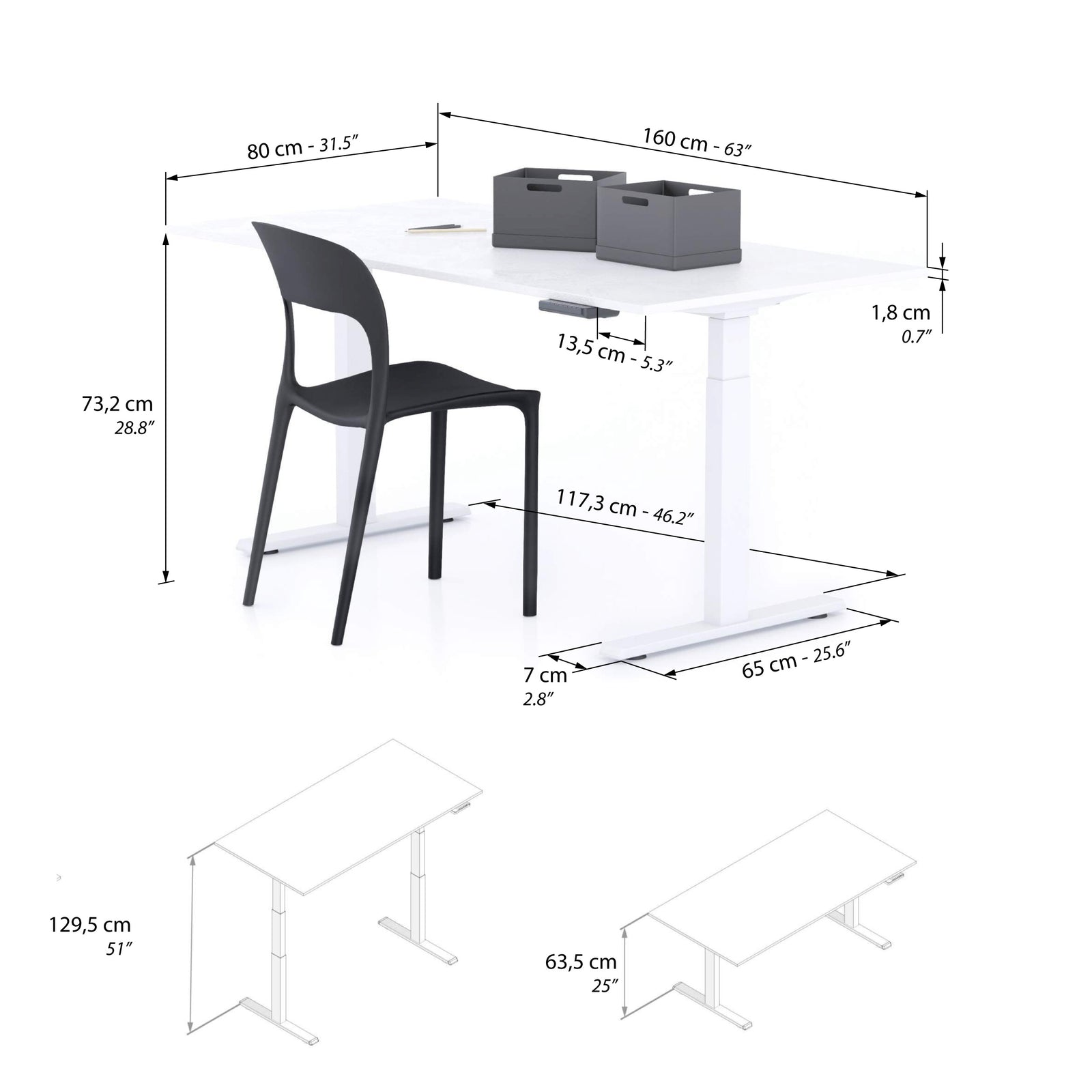 Clara Electric Standing Desk 160x80 Concrete Effect, White with White Legs - Immagine tecnica 1