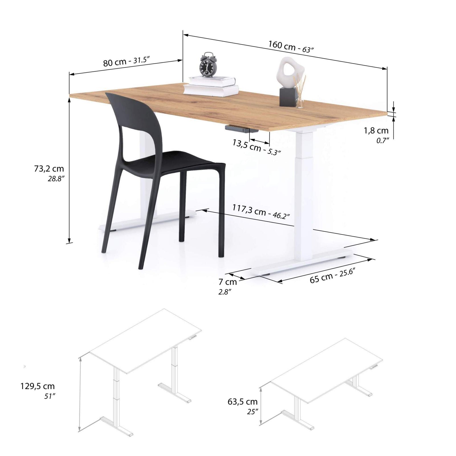 Verstellbarer Schreibtisch Clara 160x80 Eiche Rustikal mit weissen Beinen - Immagine tecnica 1