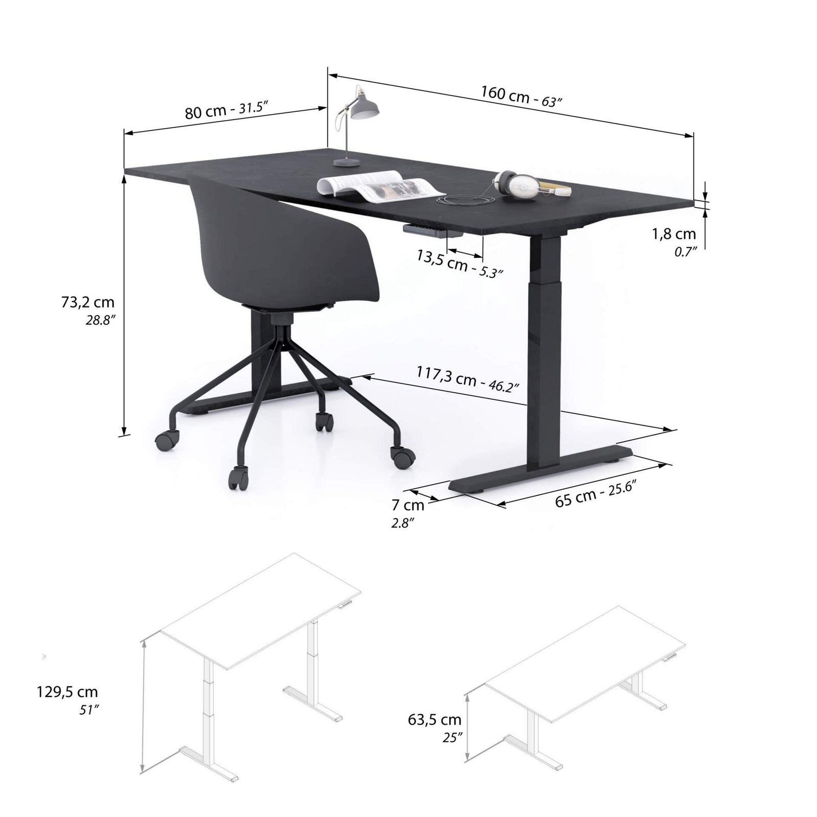Scrivania Regolabile Clara 160x80 Nero Cemento con Gambe Nere - Immagine tecnica 1