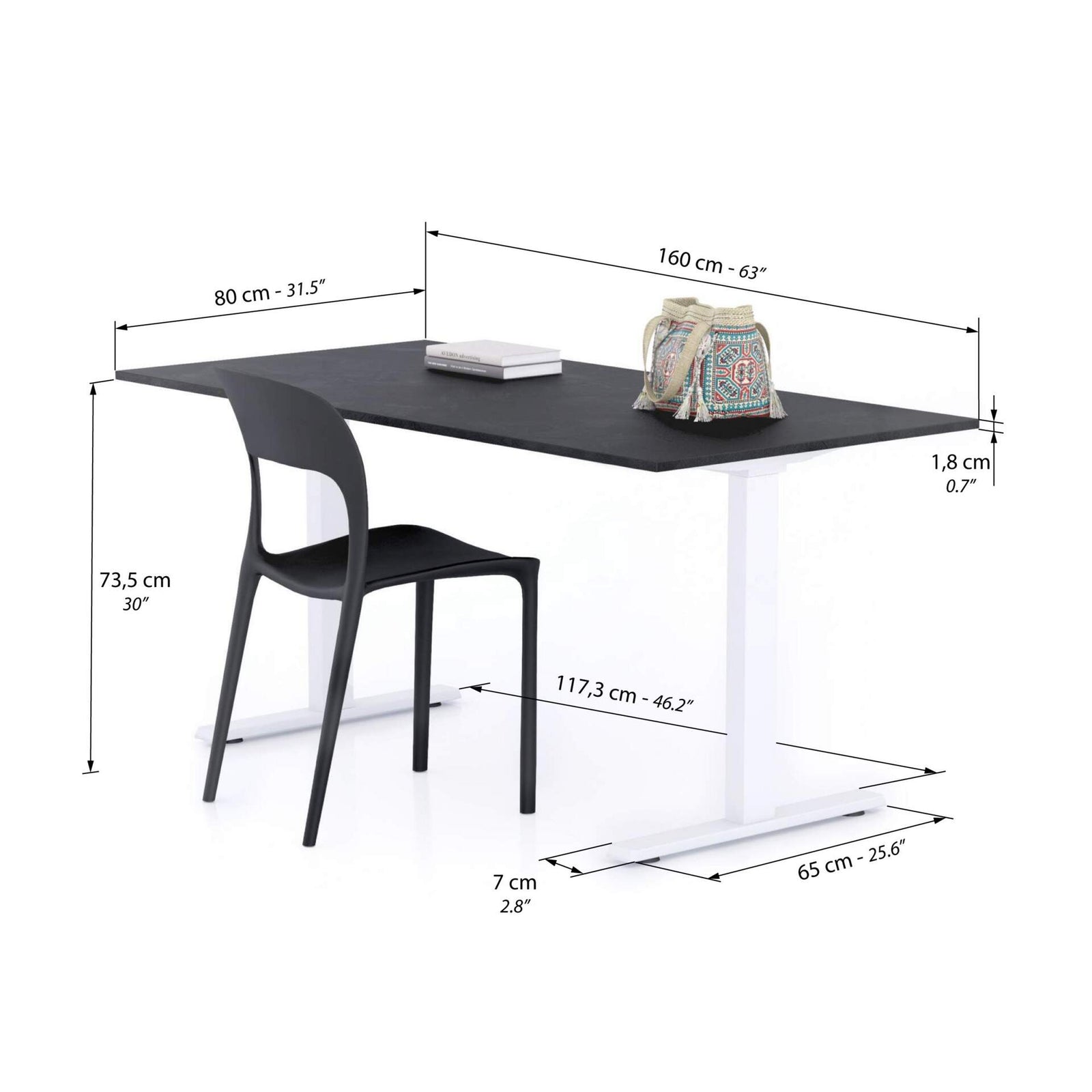 Scrivania Fissa Clara 160x80 Nero Cemento con Gambe Bianche - Immagine tecnica 1