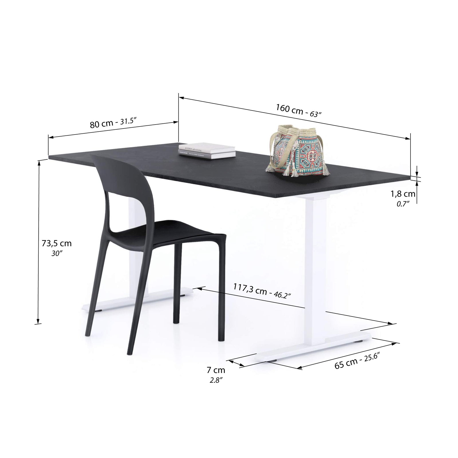 Birou Fix Clara 160x80 Negru Ciment cu Picioare Albe - Immagine tecnica 1