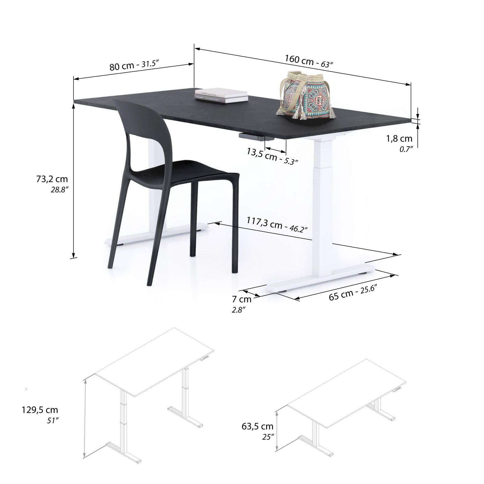 Scrivania Regolabile Clara 160x80 Nero Cemento con Gambe Bianche - Immagine tecnica 1
