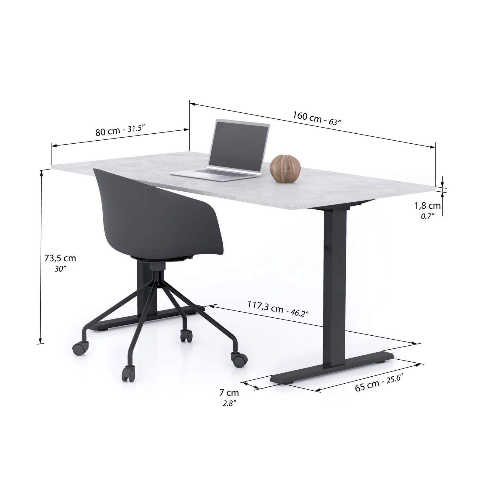 Bureau Clara 160x80, Gris Béton, avec Pieds Fixes Noirs - Immagine tecnica 1