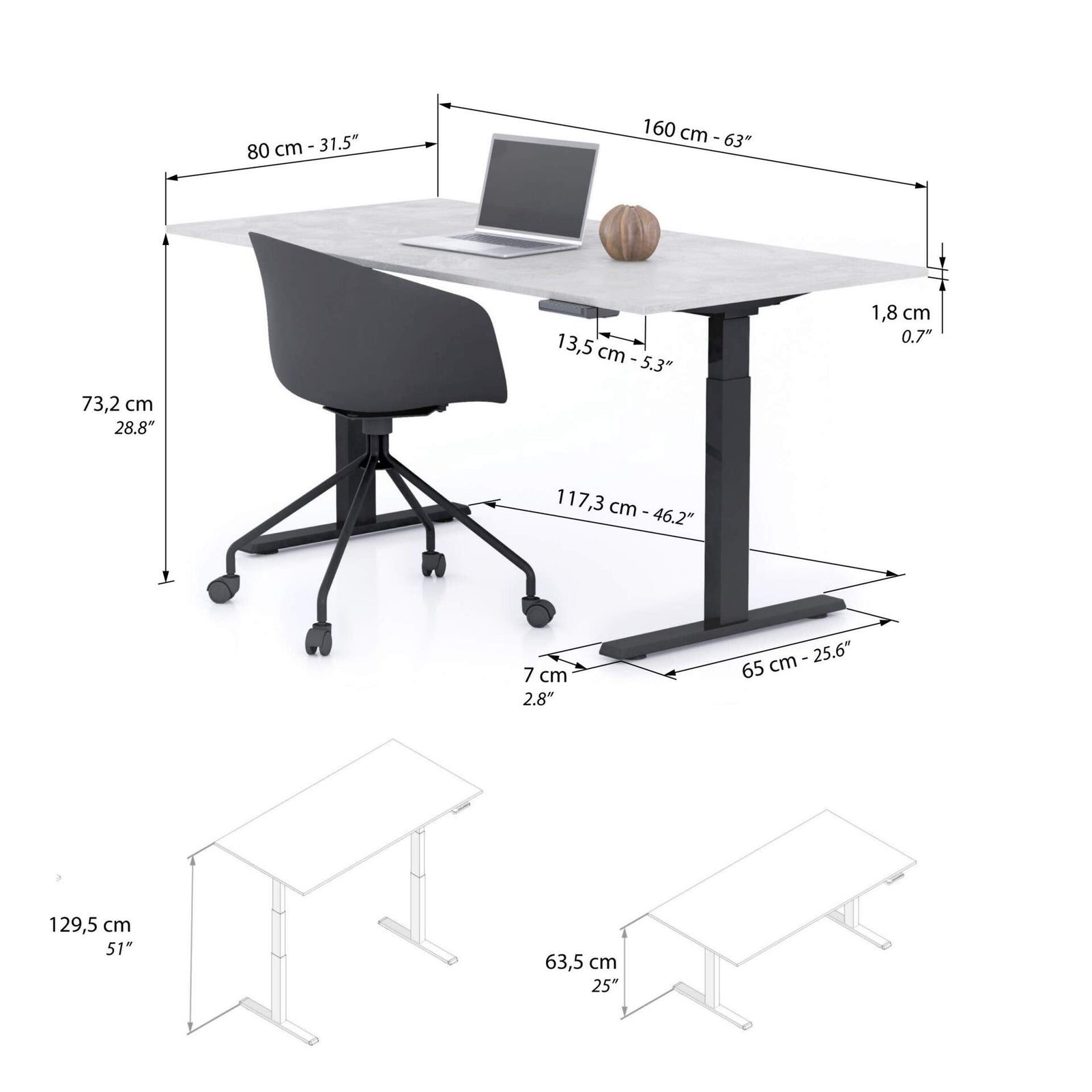 Scrivania regolabile Clara 160x80 Grigio Cemento con Gambe Nere - Immagine tecnica 1