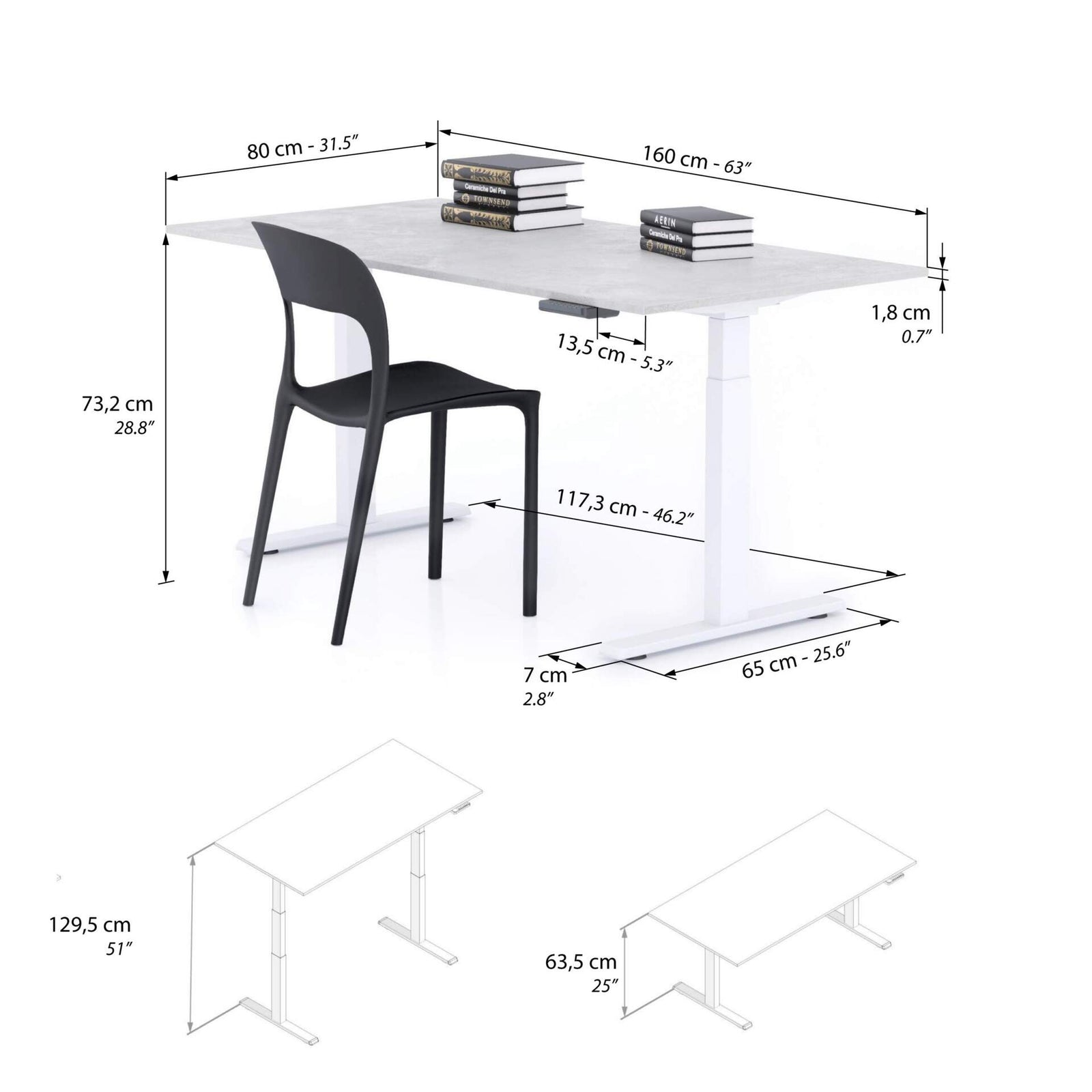Verstellbarer Schreibtisch Clara 160x80 Grau Beton mit weissen Beinen - Immagine tecnica 1