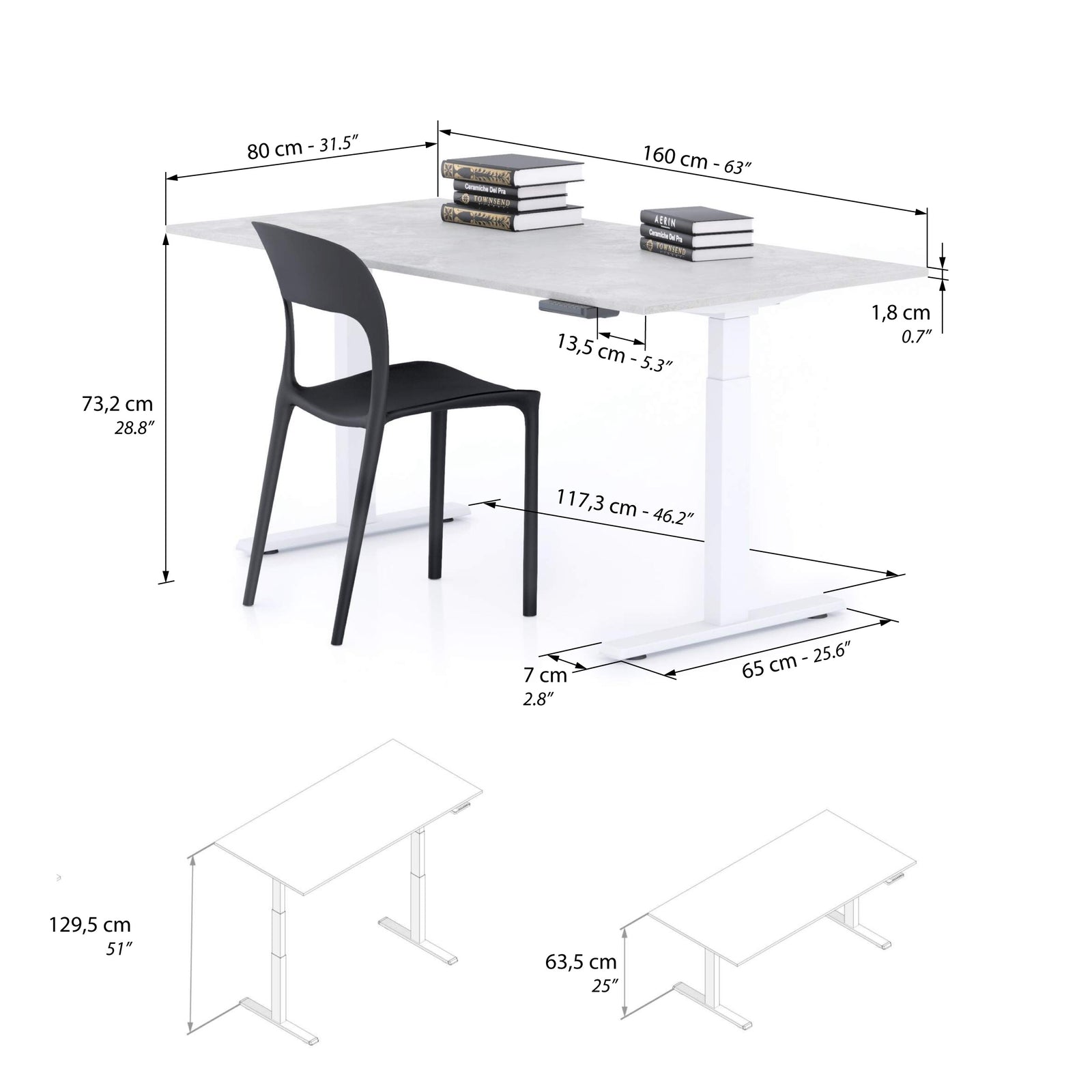 Clara Electric Standing Desk 160x80 Concrete Effect, Grey with White Legs - Immagine tecnica 1