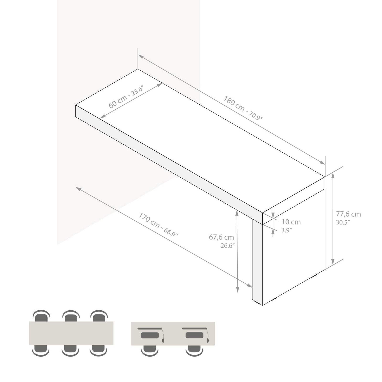 Table de bureau Evolution 180x60, Gris Béton avec Un Pied - Immagine tecnica 1