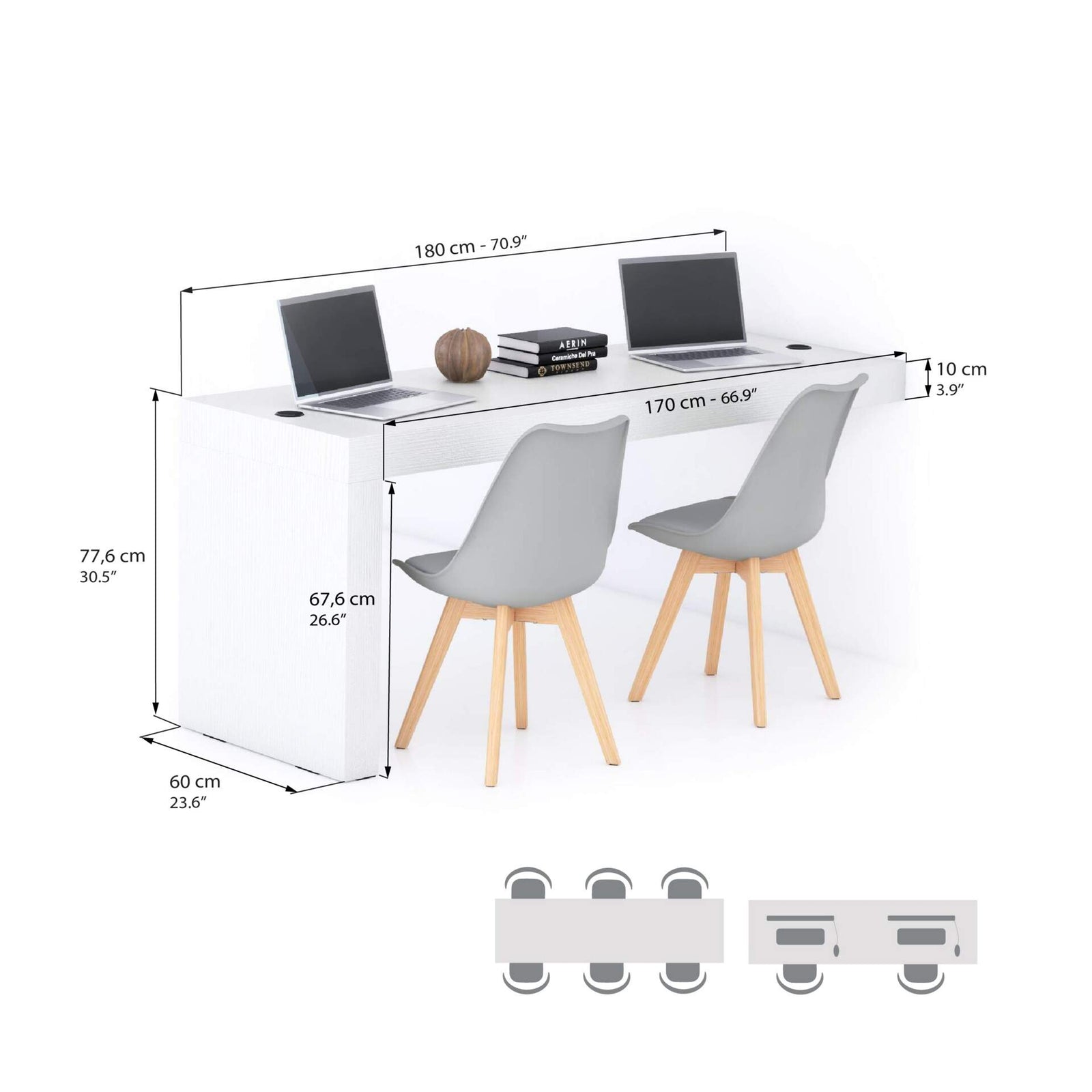 Table de bureau Evolution 180x60, Frêne Blanc avec 1 pied et Chargeur Sans Fil - Immagine tecnica 1