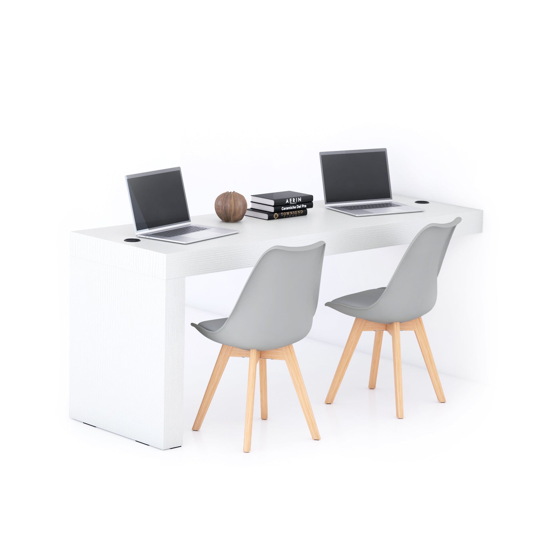 Escritorio Evolution 180x60, fresno blanco con una pata y cargador inalámbrico