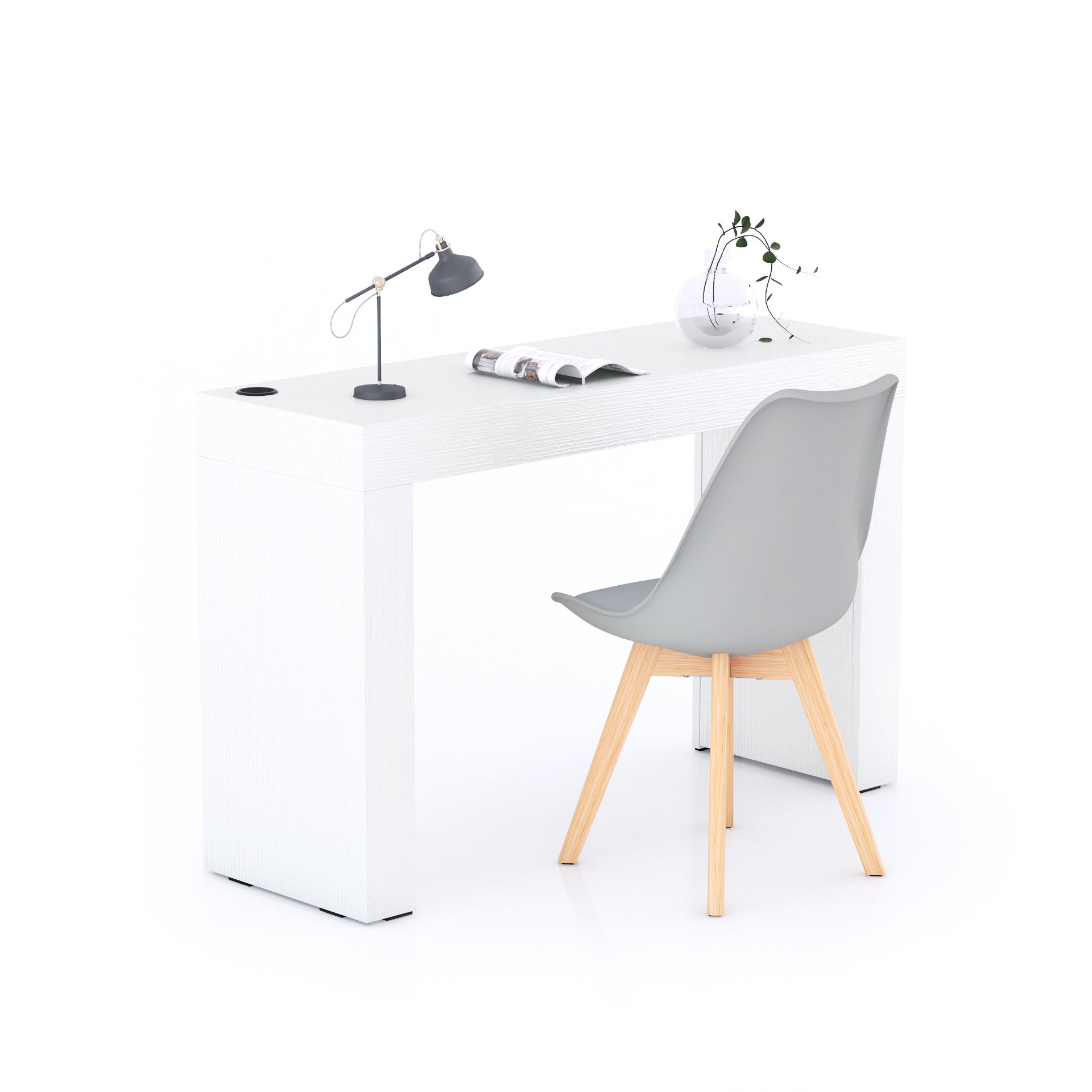 Escritorio Evolution 120x40, fresno blanco con dos patas y cargador inalámbrico