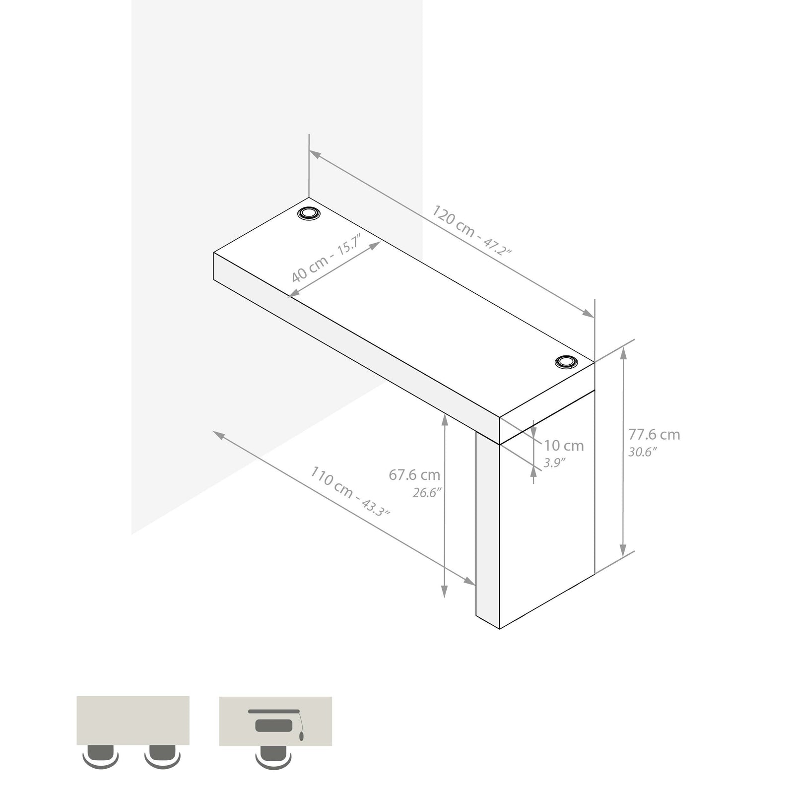 Evolution Desk 47.2 x 15.7 in, with Wireless Charger, Ashwood White with One Leg - Immagine tecnica 1