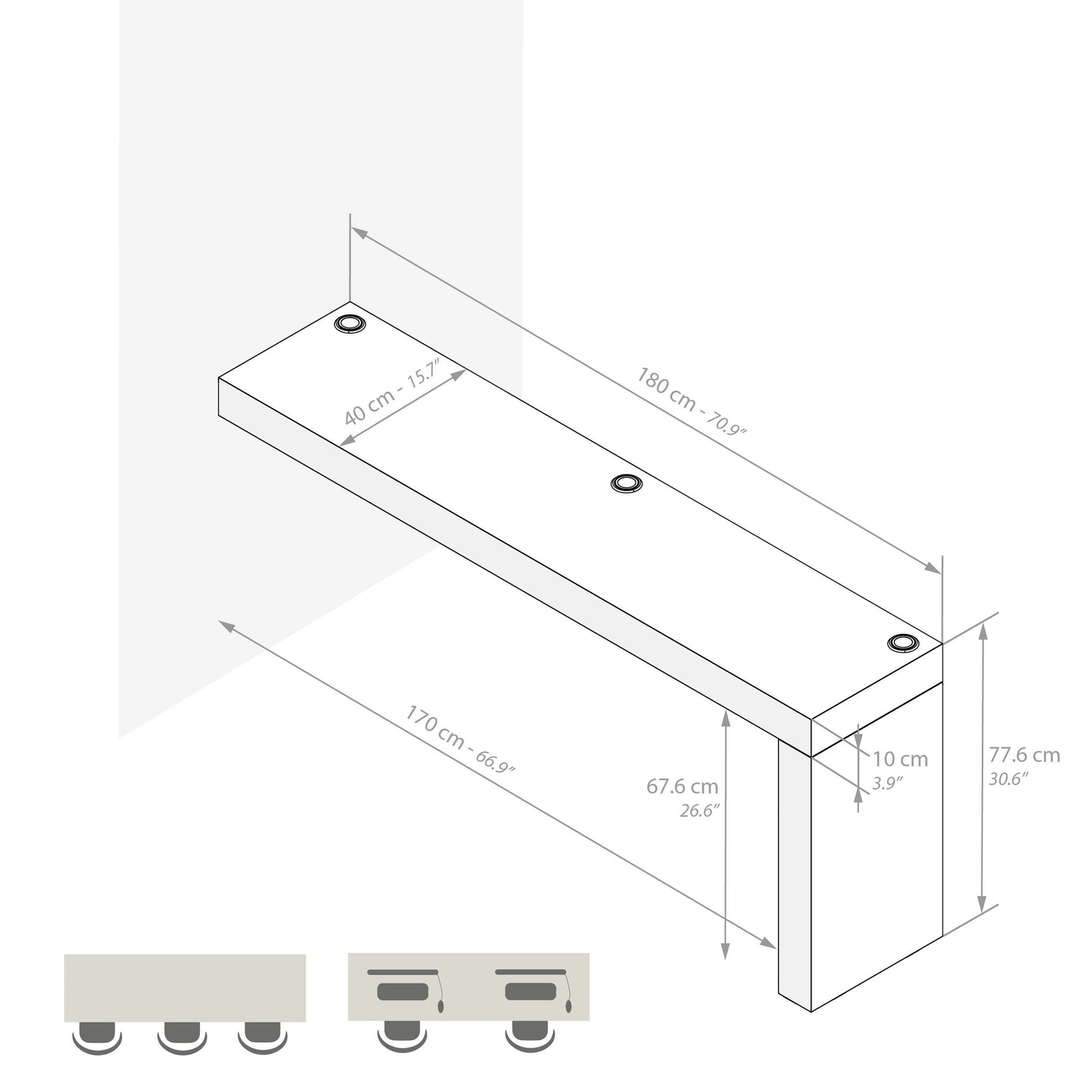 Table de bureau Evolution 180x40, Chêne Clair avec 1 pied et Chargeur Sans Fil - Immagine tecnica 1