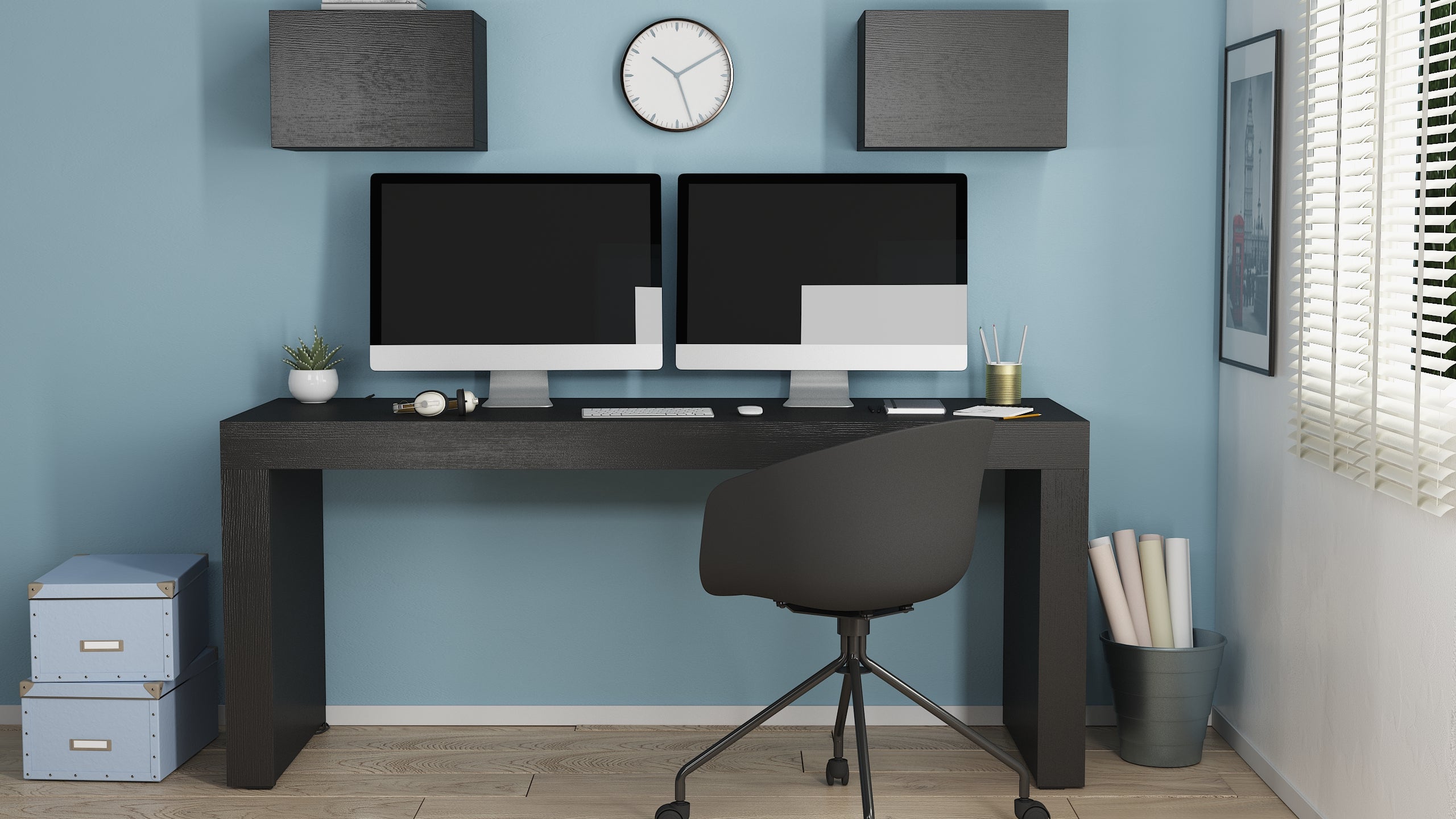 Scrivania Evolution 180x60, Grigio Cemento con Due Gambe - Immagine ambientata 1