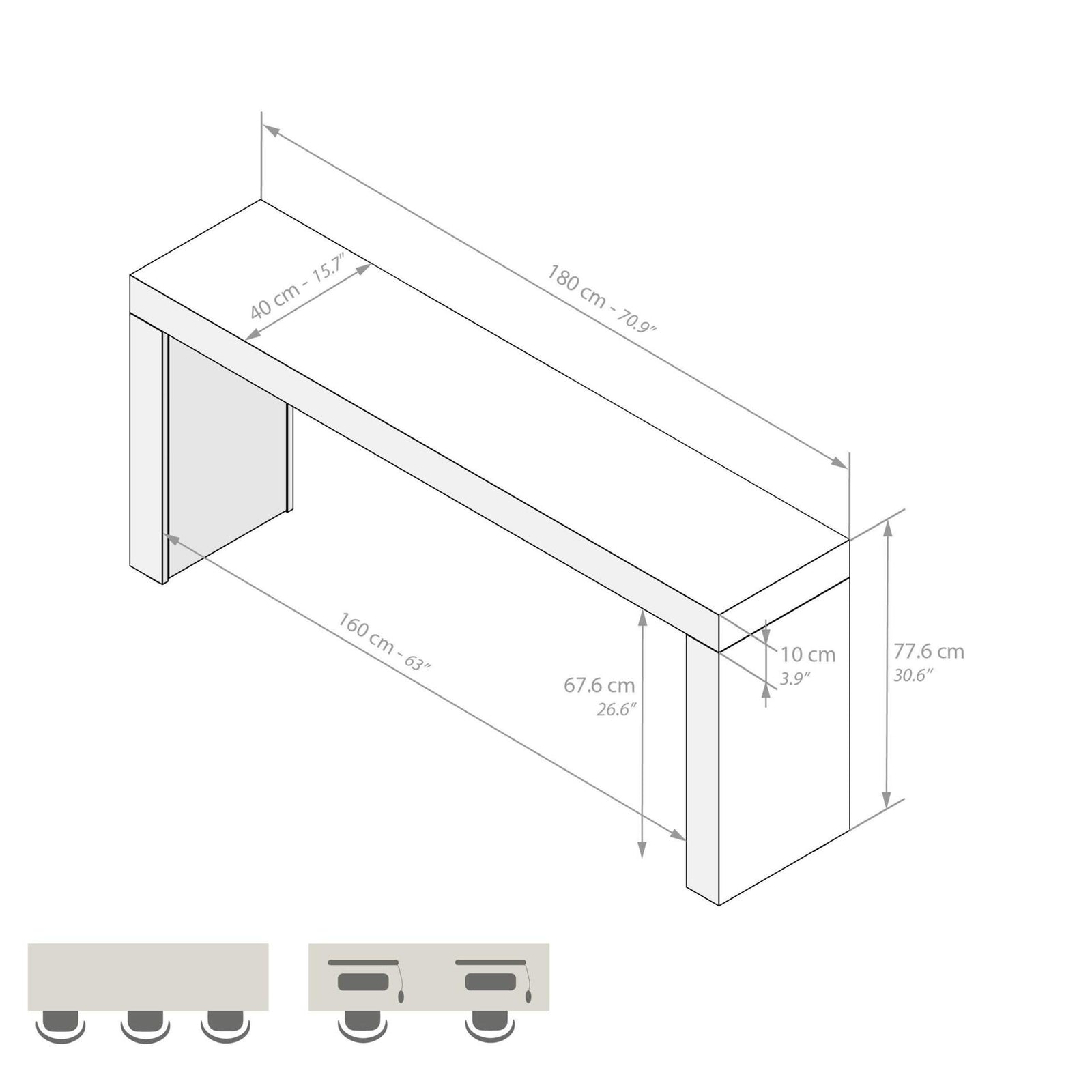 Scrivania Evolution 180x40, Bianco Frassino con Due Gambe - Immagine tecnica 1