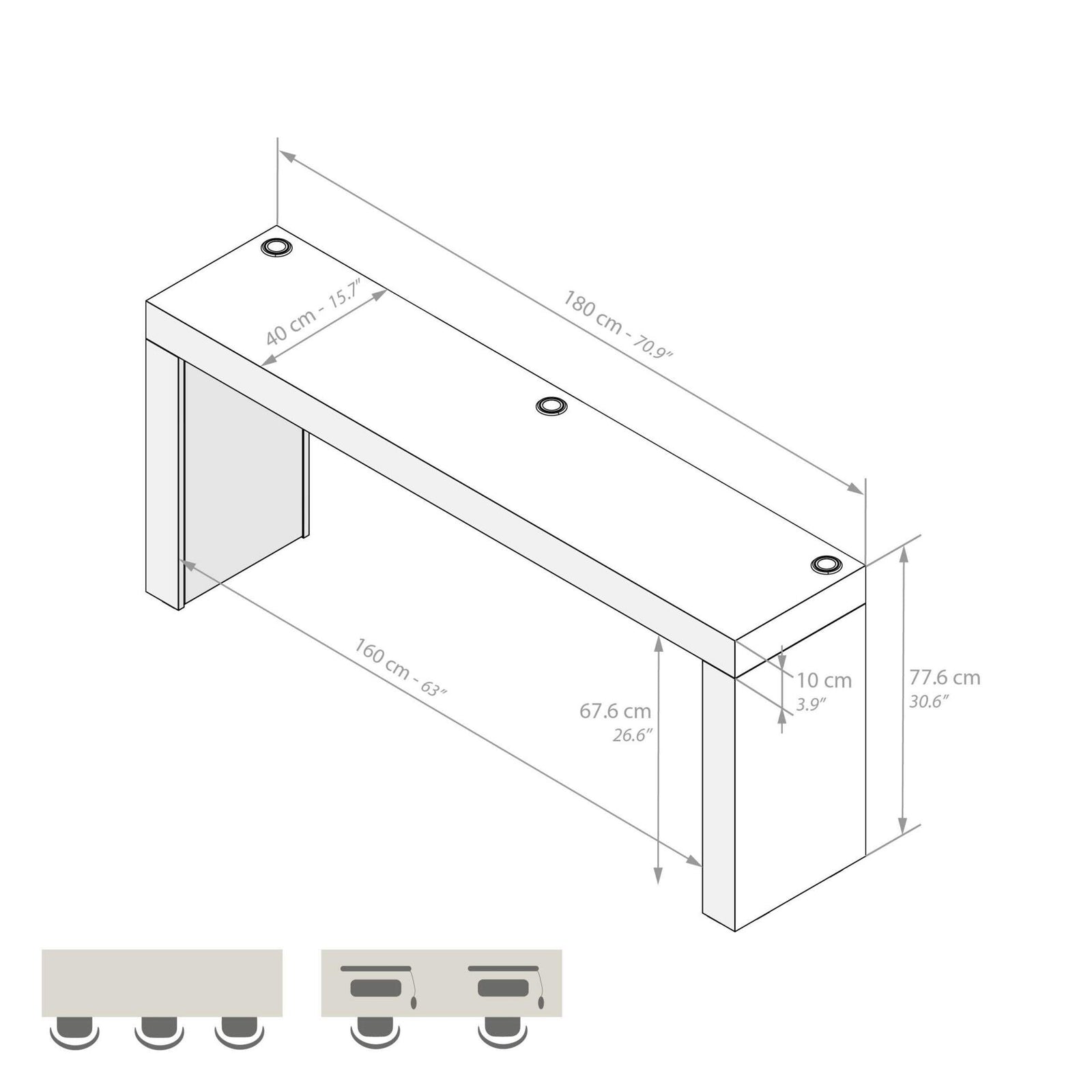 Schreibtisch Evolution 180x40, Nussbaum Dunkel mit zwei Beinen und kabellosem Ladegerät - Immagine tecnica 1