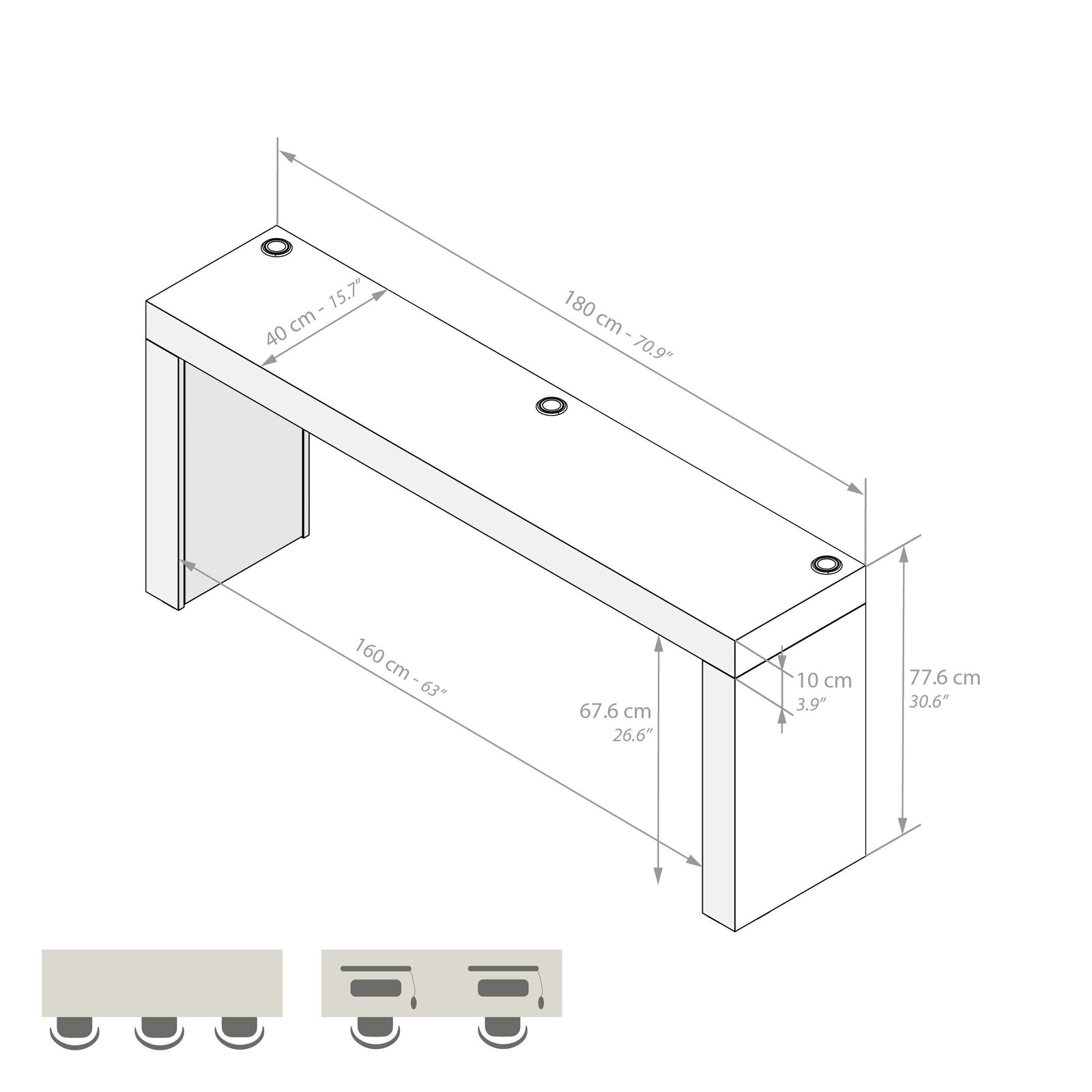Evolution Desk 180x40 with Wireless Charger and Two Legs, Ashwood Black - Immagine tecnica 1