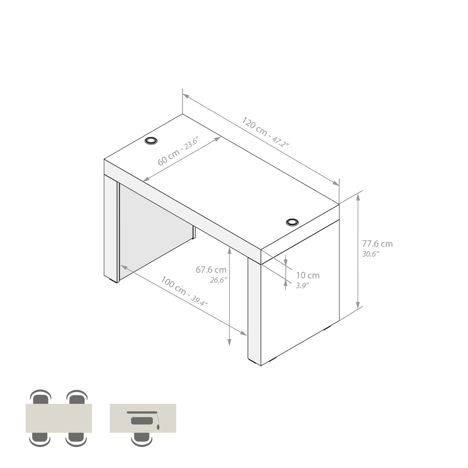 Evolution Schreibtisch 120 x 60, mit kabellosem Ladegerät, rustikale Eiche, mit zwei Beinen - Immagine tecnica 1