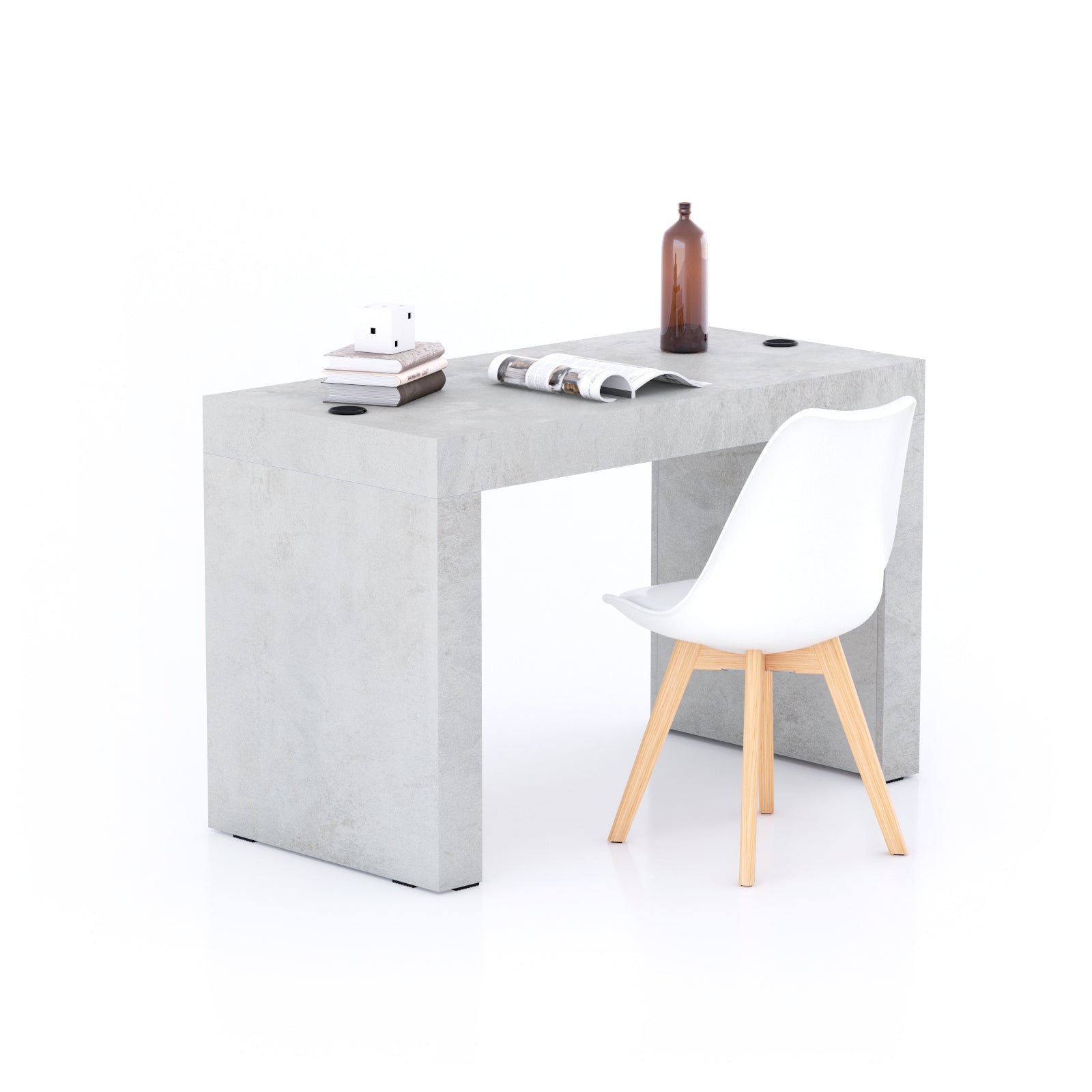 Escritorio Evolution 120x60, Cemento Gris con dos patas y cargador inalámbrico