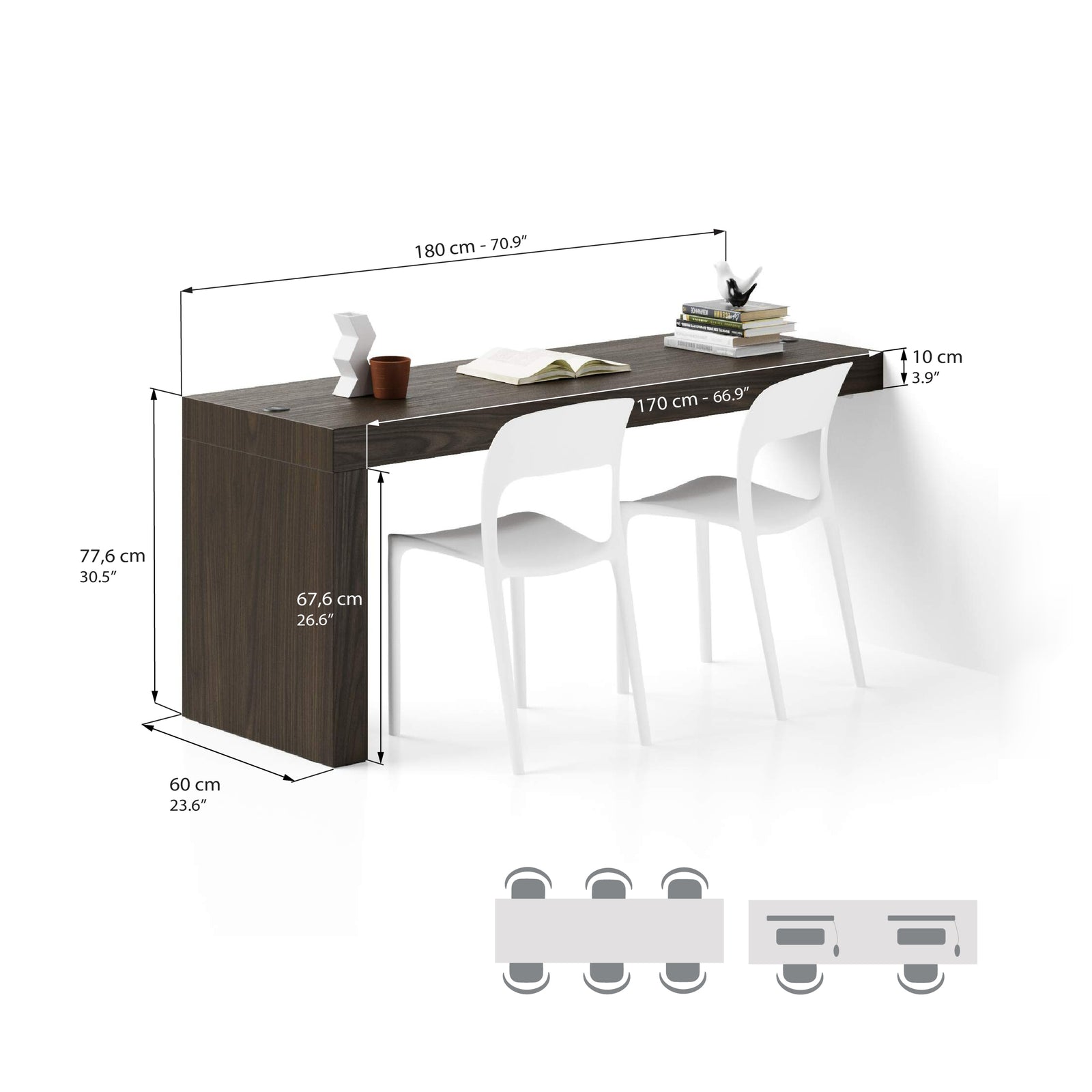 Evolution Desk 180x60, Dark Walnut with One Leg and Wireless Charger - Immagine tecnica 1