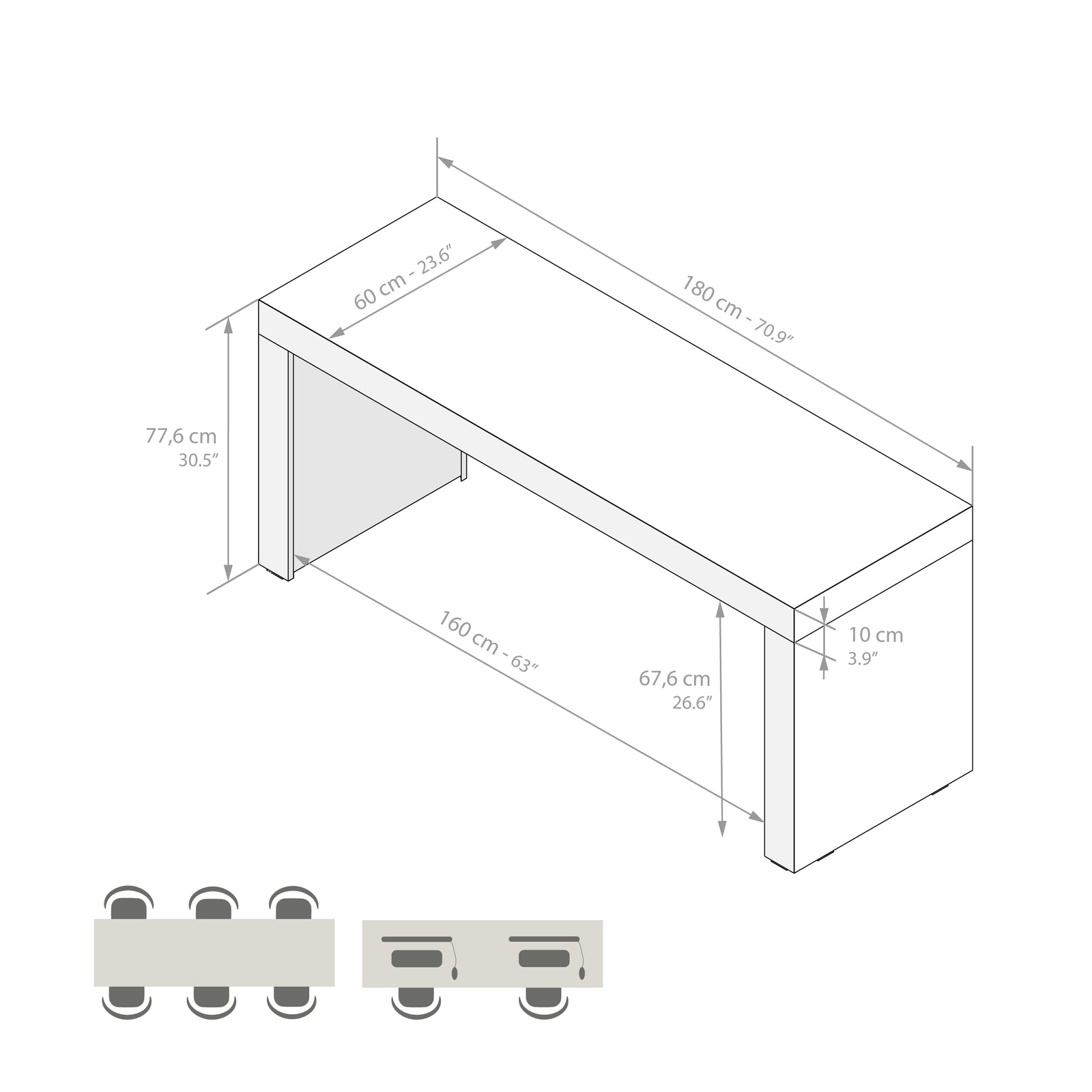 Table à manger Evolution 180x60, Chêne Clair avec 2 pieds - Immagine tecnica 1