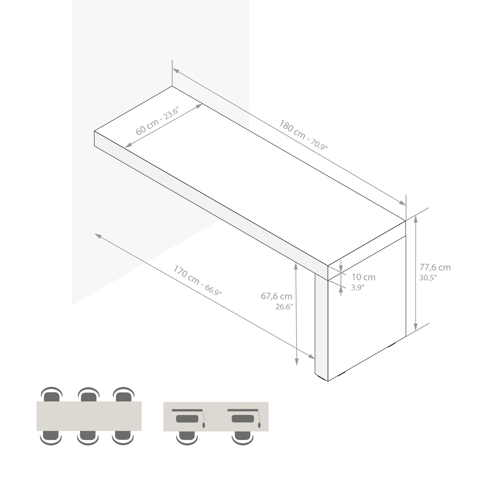 Tavolo da pranzo Evolution 180x60, Rovere Naturale con Una Gamba - Immagine tecnica 1