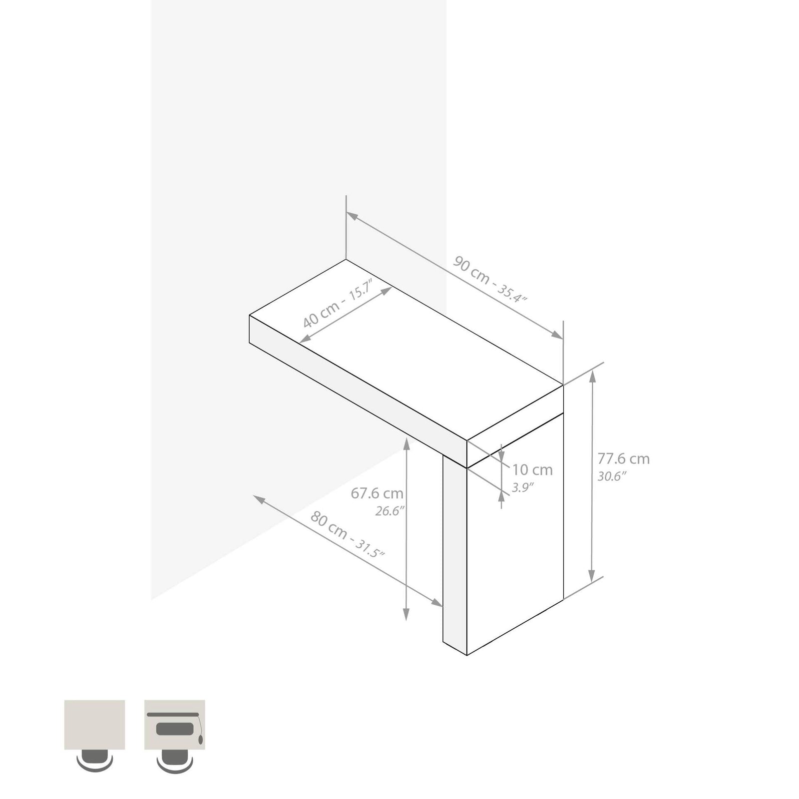 Evolution Esstisch 90 x 40, Esche, Weiß, mit einem Bein - Immagine tecnica 1