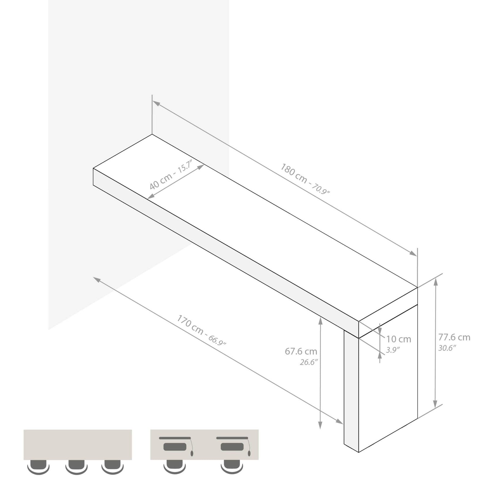 Evolution Esstisch 180x40, Nussbaum, Dunkel mit einem Bein - Immagine tecnica 1
