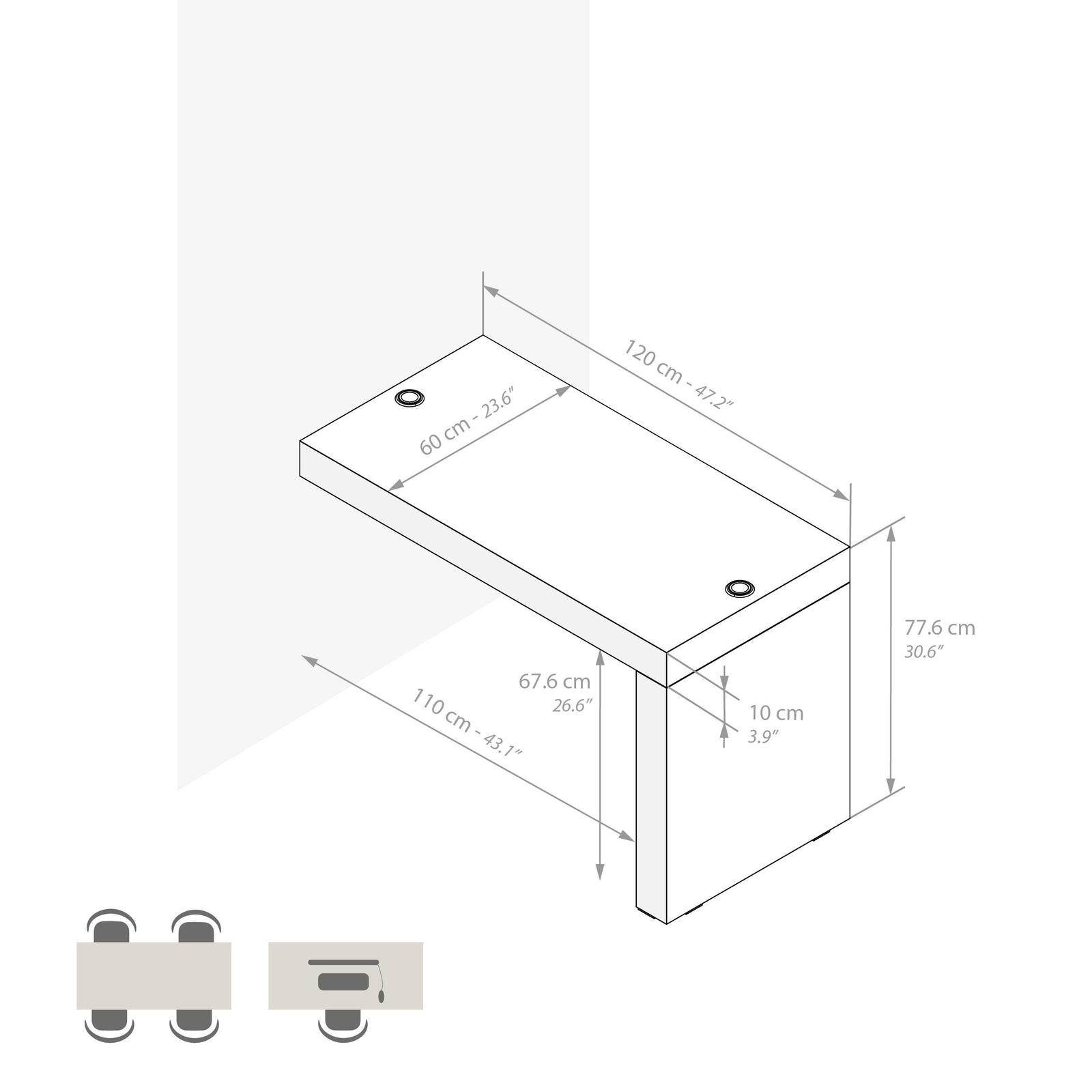 Table à manger Evolution 120x60, Chêne Clair avec 1 pied et Chargeur Sans Fil - Immagine tecnica 1