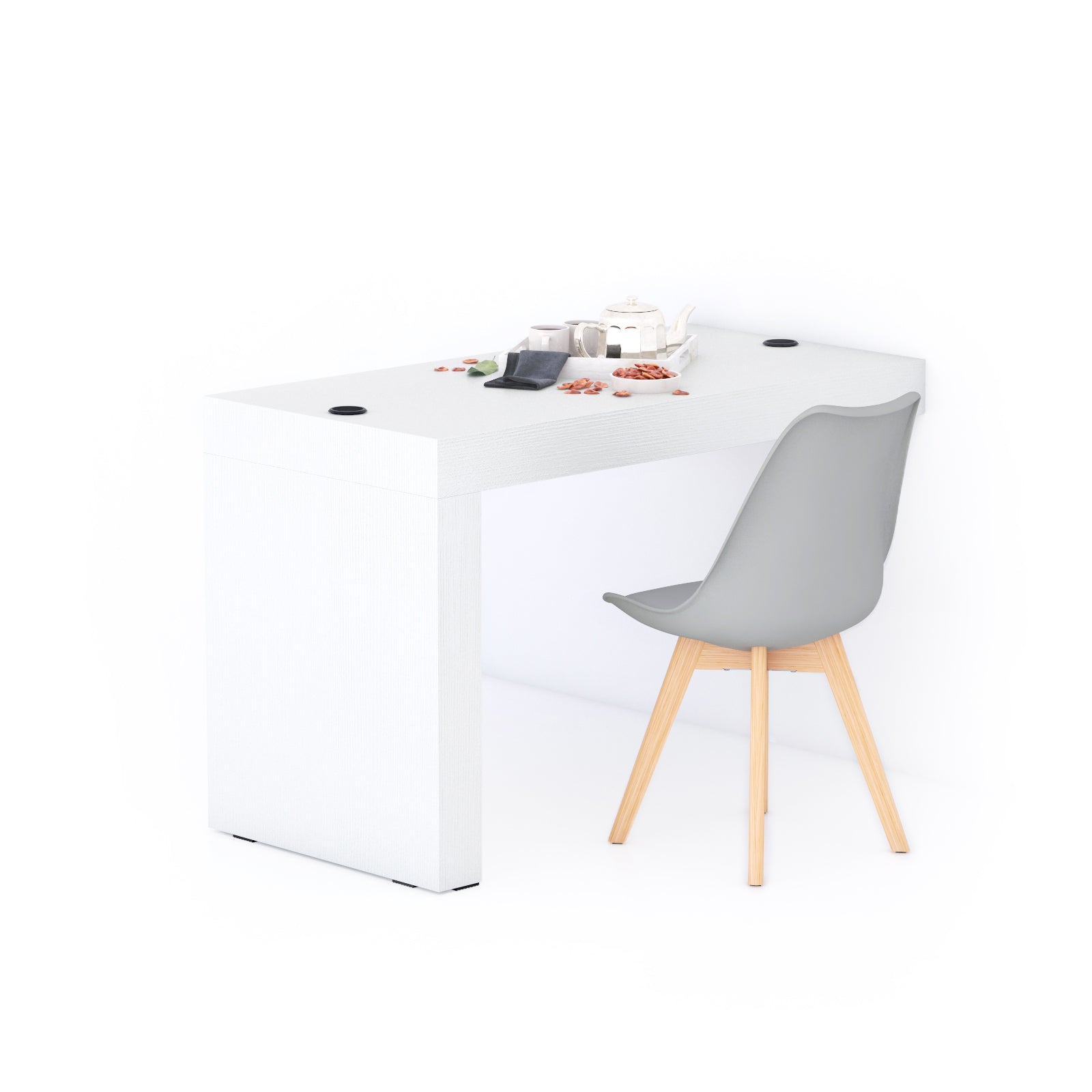 Tavolo da pranzo Evolution 120x60, Bianco Frassino con Una Gamba e Caricatore Wireless