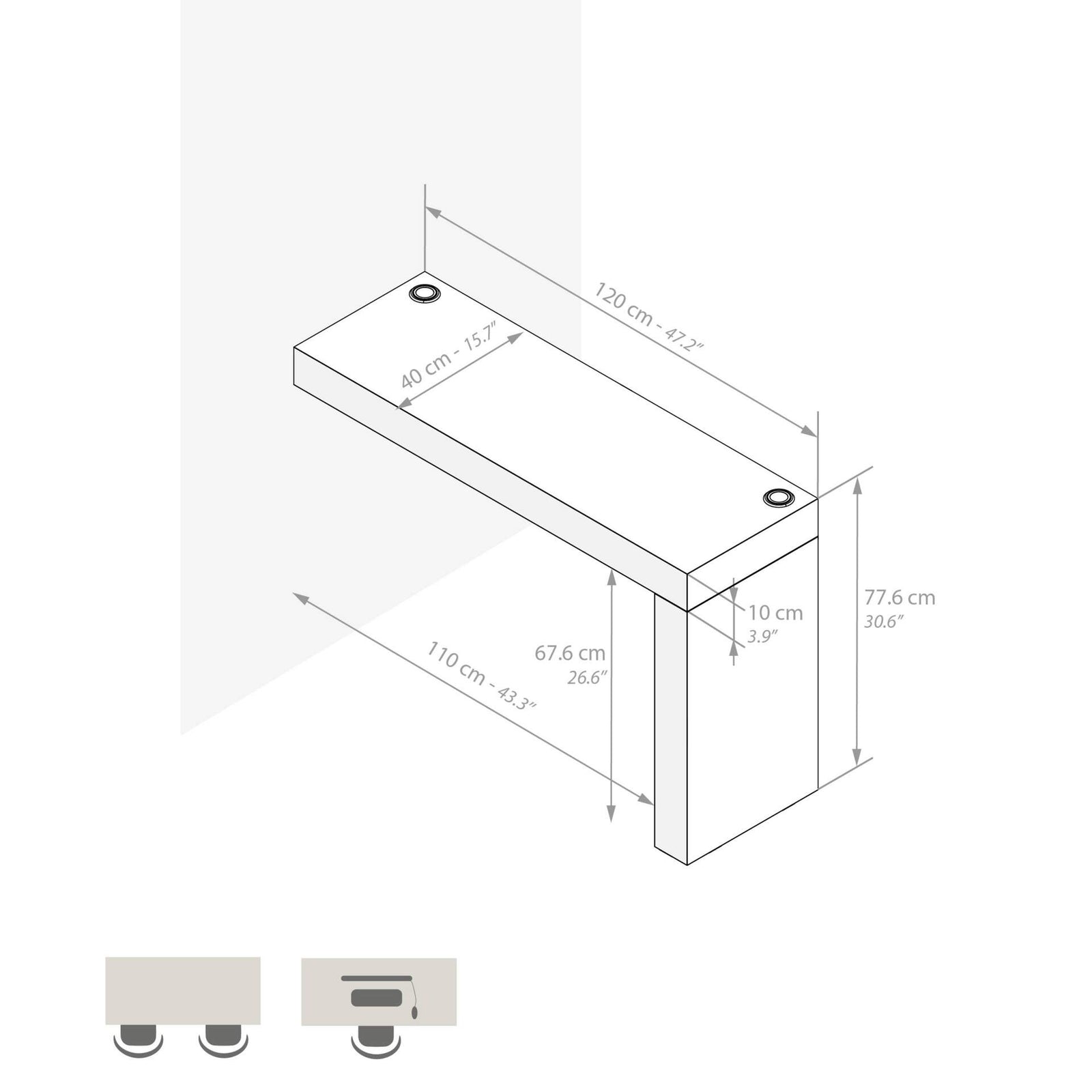 Evolution Esstisch 120 x 40 mit kabellosem Ladegerät, rustikale Eiche mit einem Bein - Immagine tecnica 1