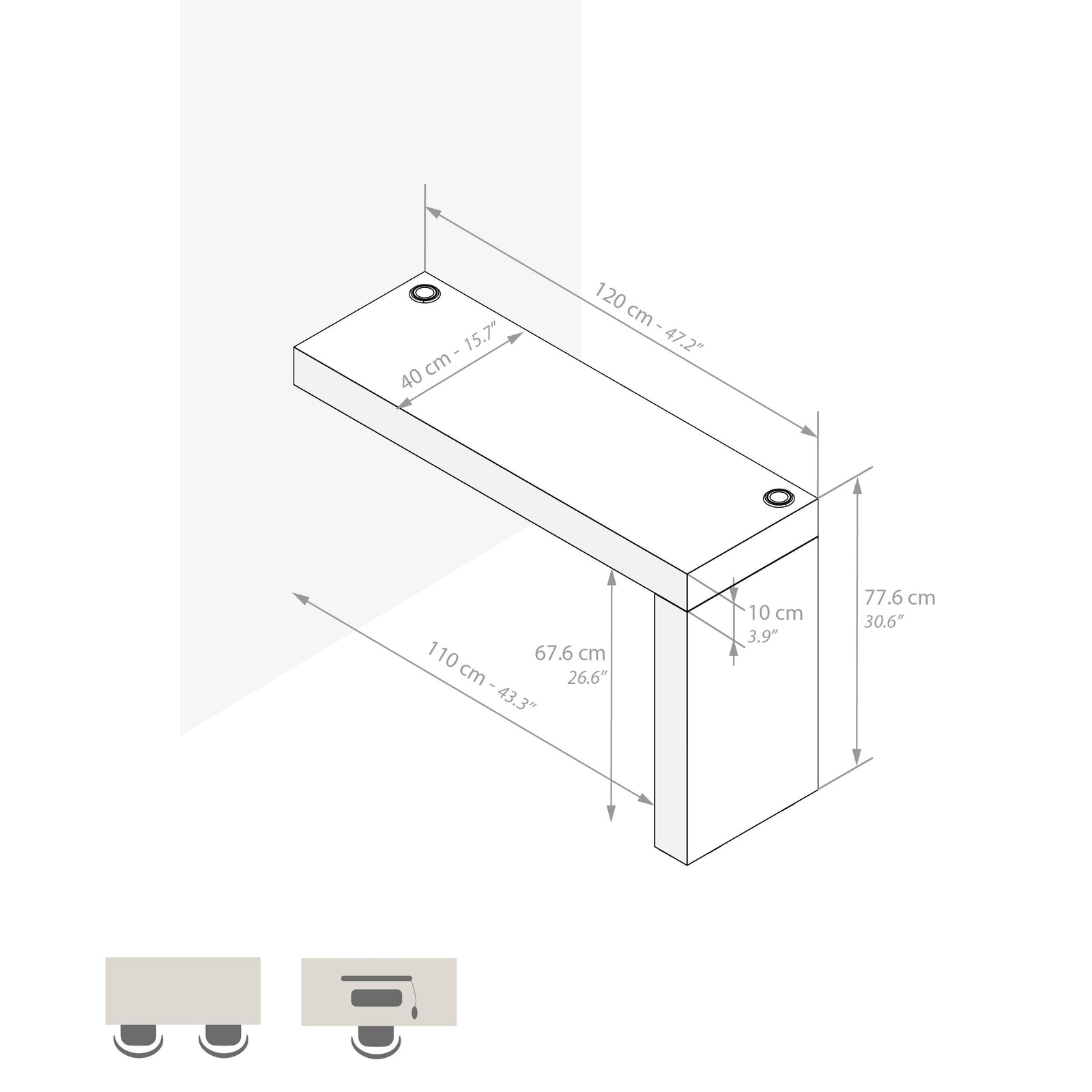 Evolution dining table 120x40 with Wireless Charger, Ashwood Black with One Leg - Immagine tecnica 1