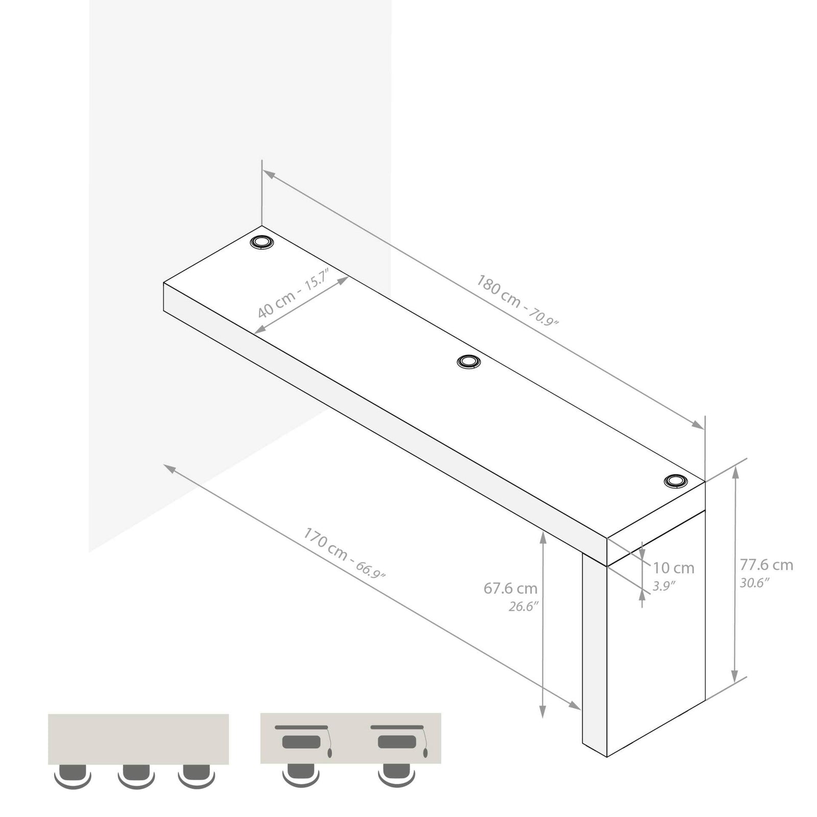 Evolution Esstisch 180 x 40 mit kabellosem Ladegerät, rustikale Eiche mit einem Bein - Immagine tecnica 1