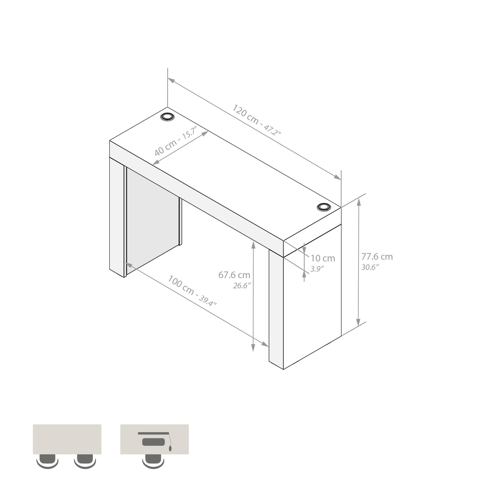 Evolution Esstisch 120 x 40 mit kabellosem Ladegerät, grauer Beton, mit zwei Beinen - Immagine tecnica 1
