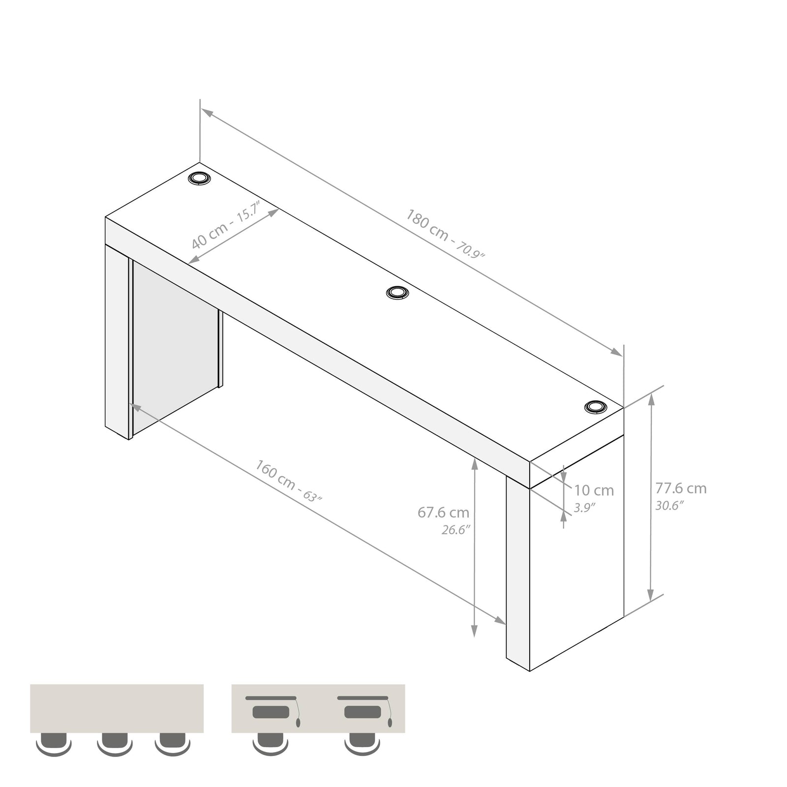 Tavolo da pranzo Evolution 180x40, Rovere Rustico con Due Gambe e Caricatore Wireless - Immagine tecnica 1