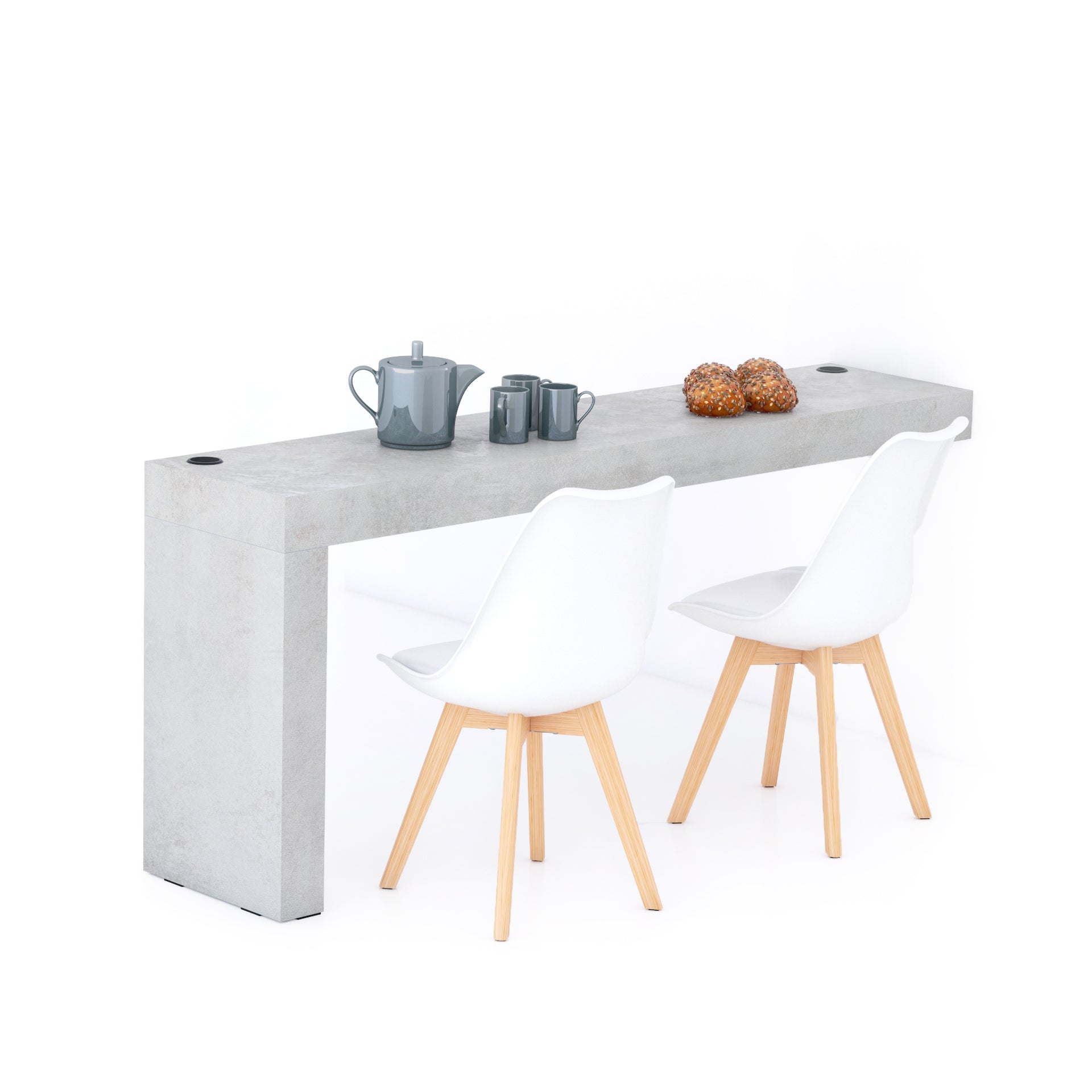 Table à manger Evolution 180x40, Gris Béton avec 1 pied et Chargeur Sans Fil