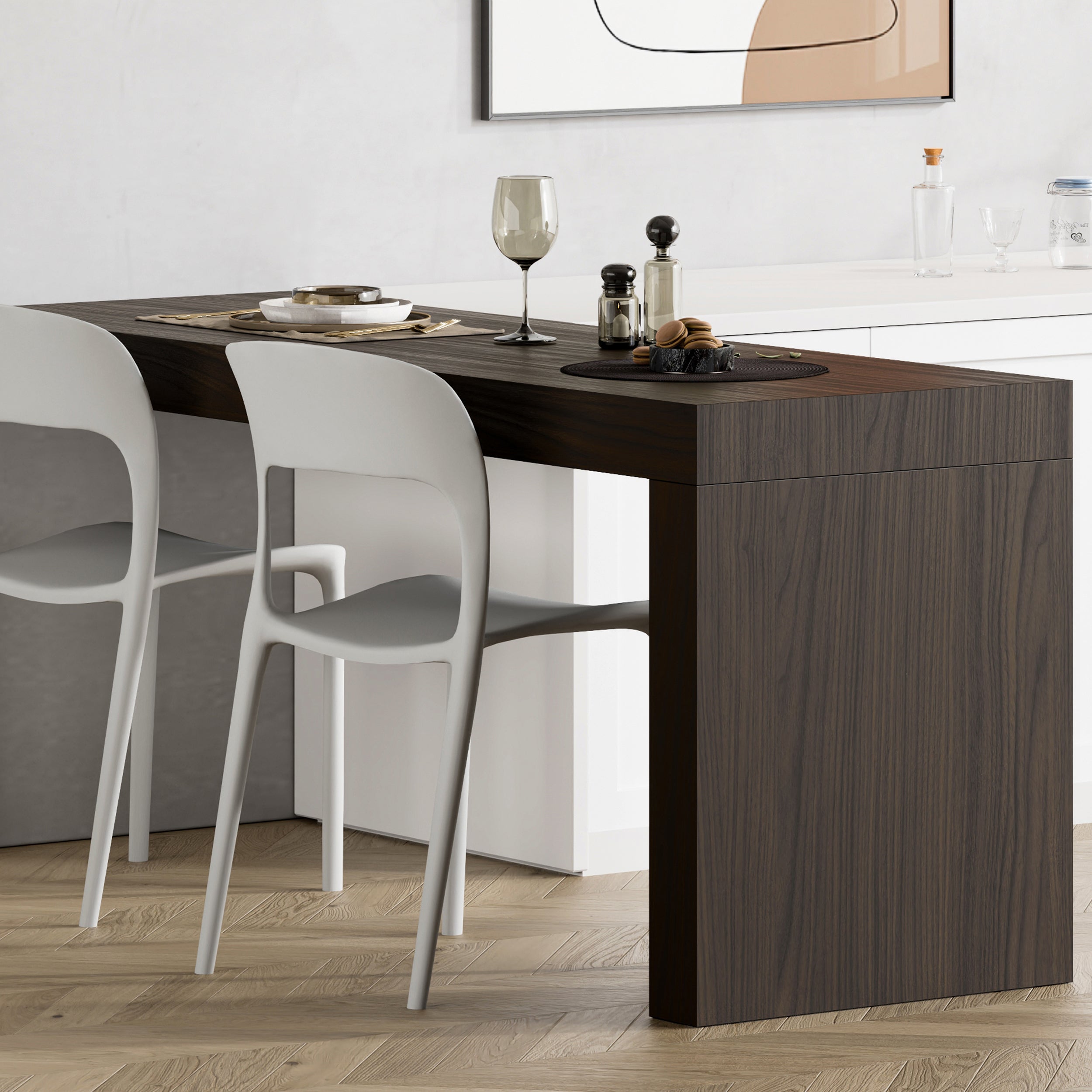Evolution Esstisch 180x60, Nussbaum, Dunkel mit einem Bein - Set image 1