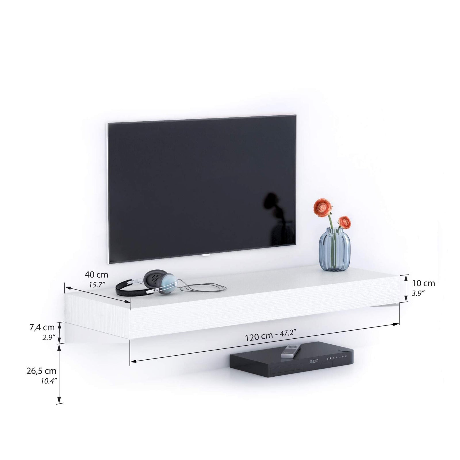 Tv Wandregal Evolution 120 x 40, Esche, Weiß - Immagine tecnica 1