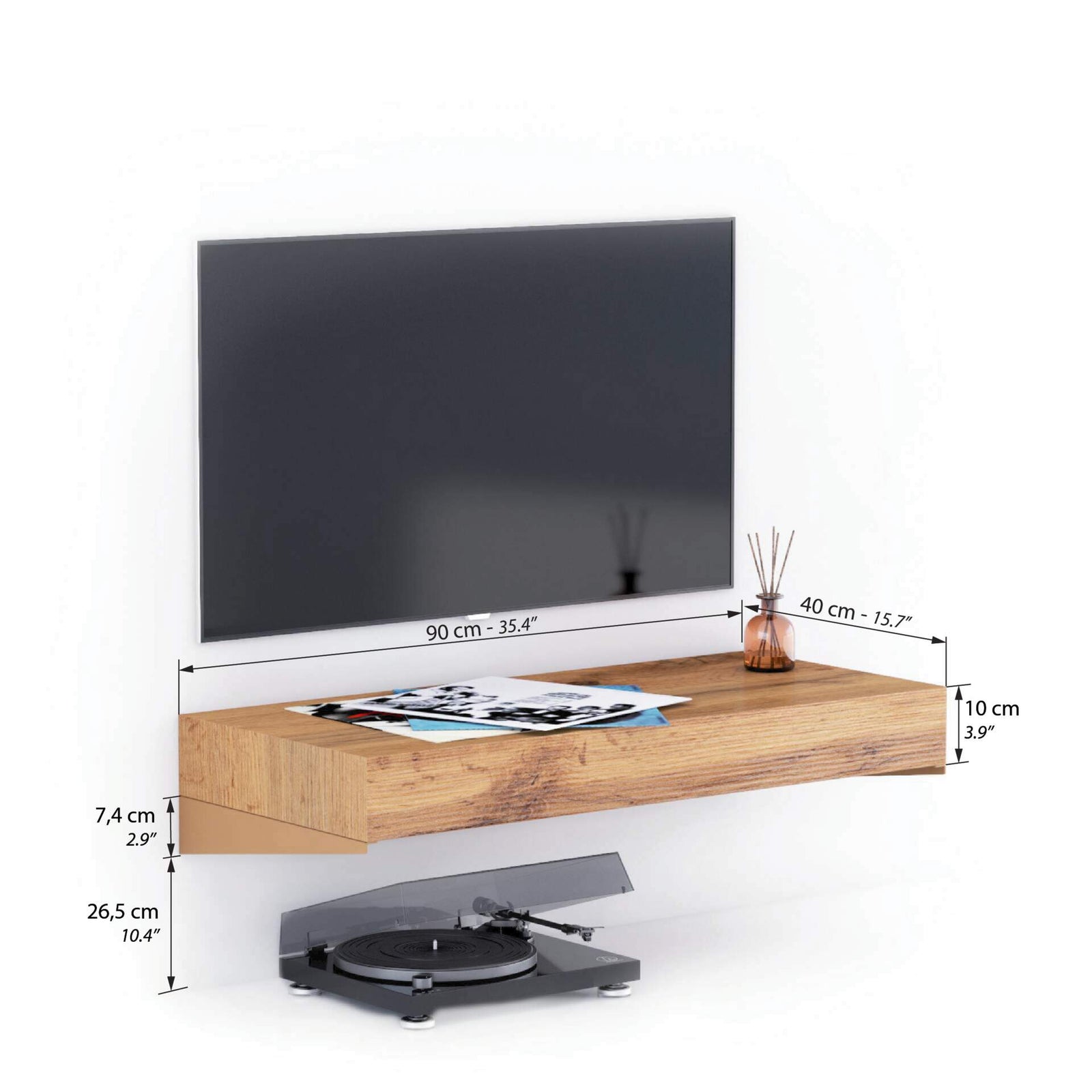 Floating tv stand Evolution 35.4 x 15.7 in, Rustic Oak - Immagine tecnica 1
