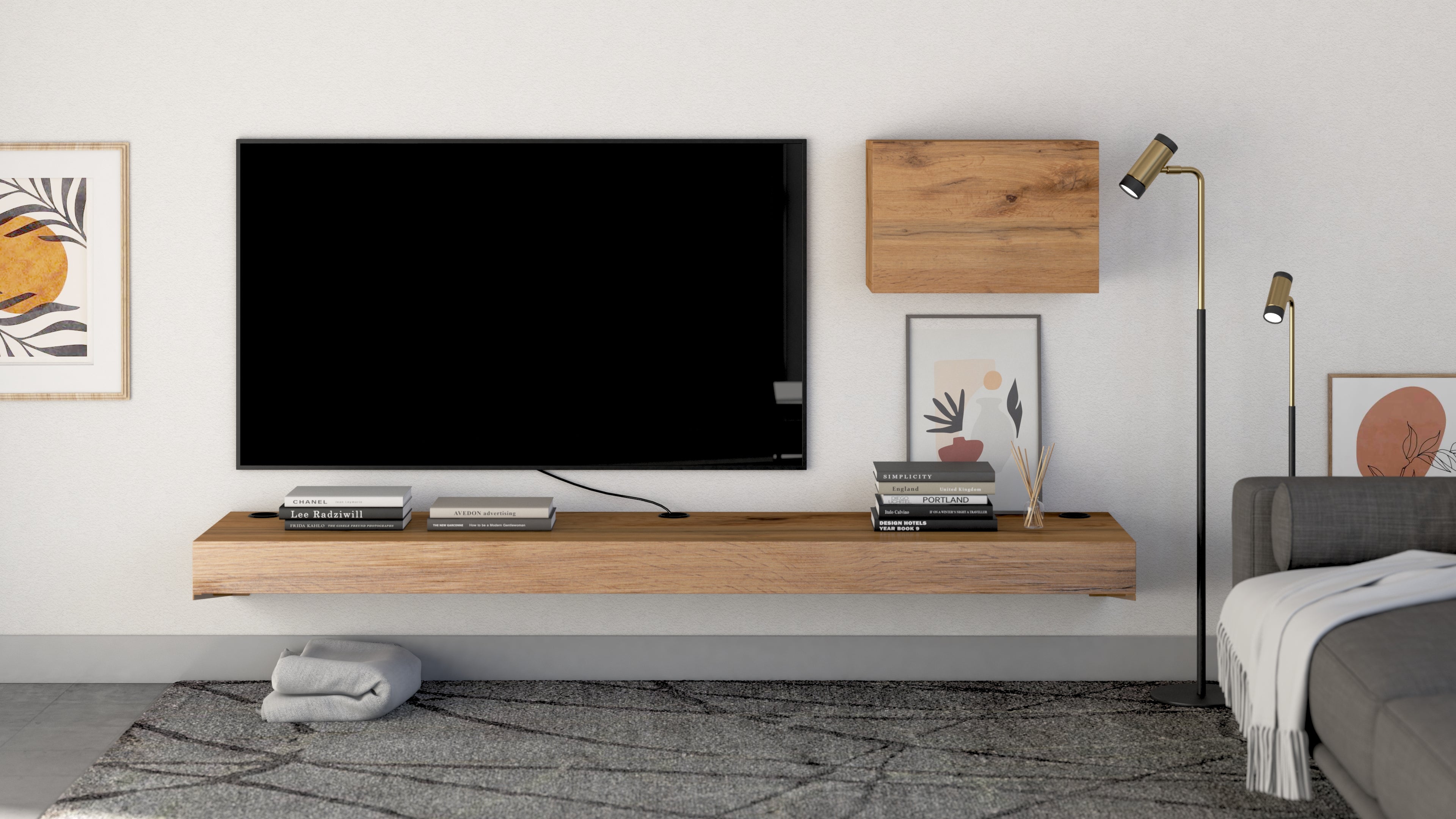 Porta Tv sospeso Evolution 180x40, Rovere Rustico con Caricatore Wireless - Immagine ambientata 1