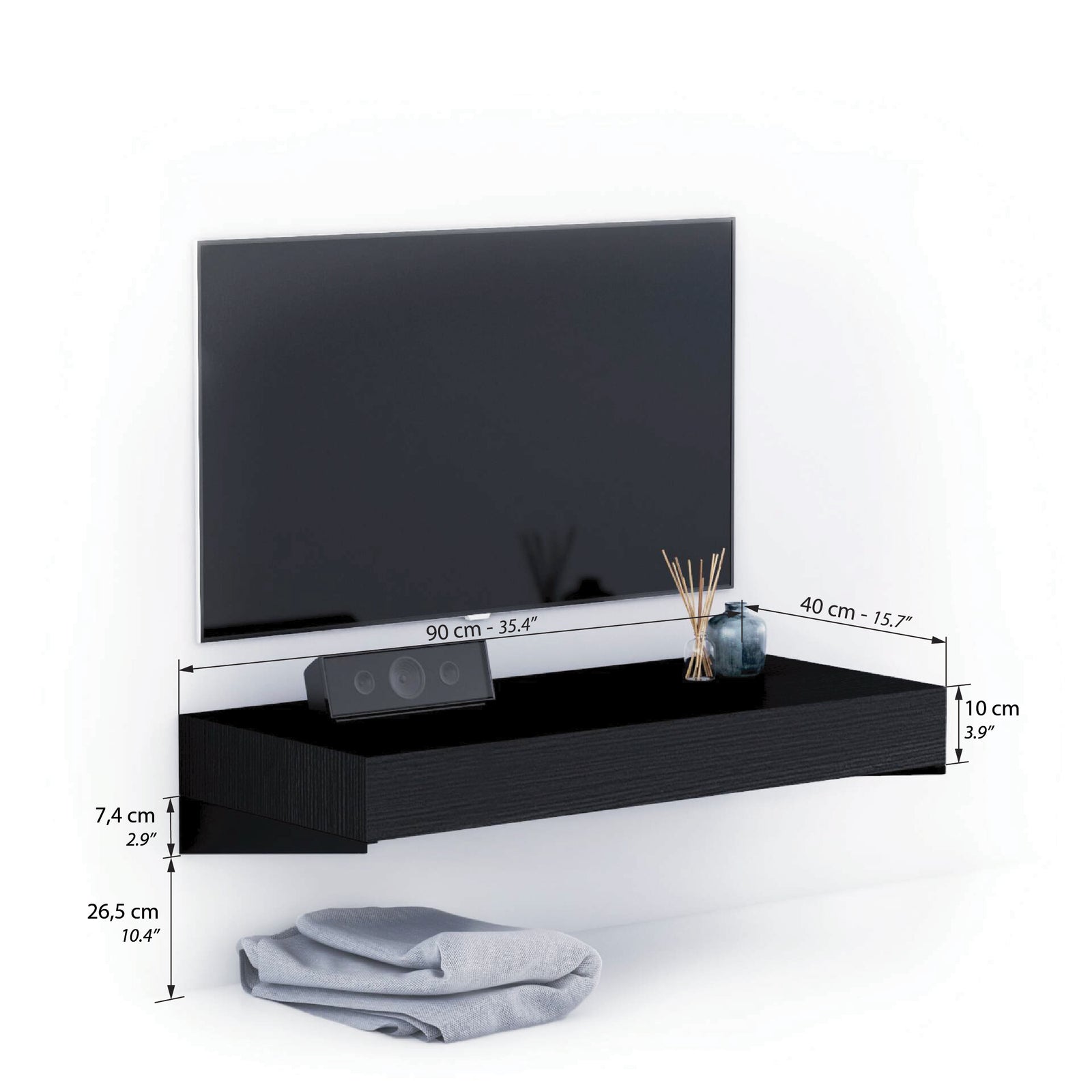 Porta Tv sospeso Evolution 90x40, Nero Frassino - Immagine tecnica 1