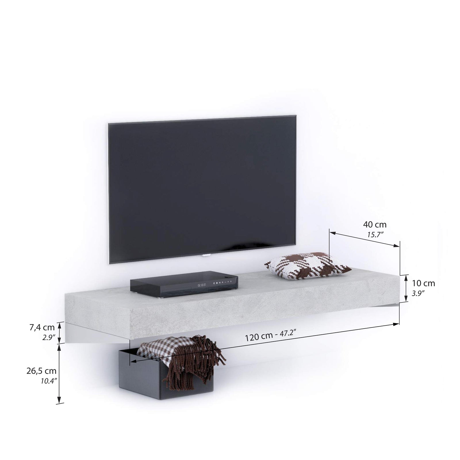 Tv Wandregal Evolution 120 x 40, grauer Beton - Immagine tecnica 1